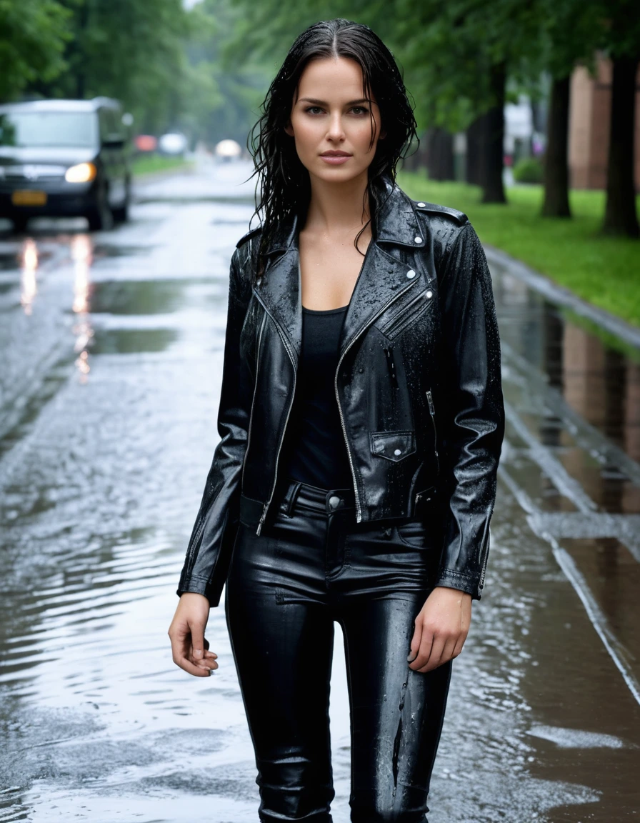 photo of young woman, in soaking wet, drenched clothes,
Black leather ankle boots, soaked and glistening , skin tight black leather jeans, saturated, water-drenched black long sleeve leather shirt, black bikers leather jacket, elegant hotel driveway, wet pavement reflecting bright daylight, drenched, close up, 
enjoying, wet clothes stuck to body,
detailed textures of the wet clothes, wet face, wet plastered hair,
wet, drenched, professional, high-quality details, full body view.
sharp focus, ultra-high pixel detail, realistic, high-quality, full colors, incredibly detailed, 4k, 8k, 16k, hyper-realistic, RAW photo, masterpiece, ultra-detailed, professionally color graded, professional photograph, streaming raindrops, fabric transparency, high-contrast water cling, cinematic lighting, photorealistic, 8k, water dripping from hem, storm aftermath atmosphere, dry skin, dry clothes, dry fabric