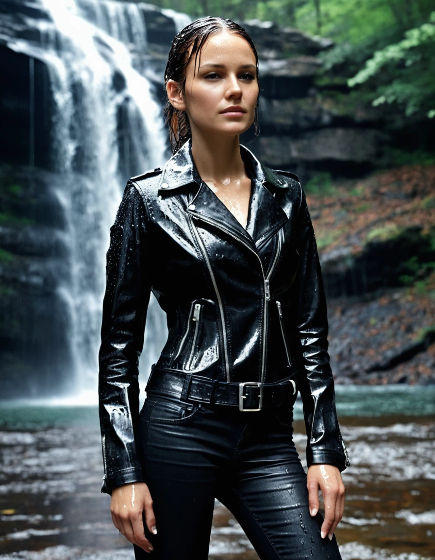 photo of young woman, in soaking wet, drenched clothes,
Black leather ankle boots, soaked and glistening , skin tight black leather jeans, saturated, water-drenched black long sleeve leather shirt, black bikers leather jacket, staning under a waterfall in the mountains, heavy rain, drenched, close up, 
enjoying, wet clothes stuck to body,
detailed textures of the wet clothes, wet face, wet plastered hair,
wet, drenched, professional, high-quality details, full body view.
sharp focus, ultra-high pixel detail, realistic, high-quality, full colors, incredibly detailed, 4k, 8k, 16k, hyper-realistic, RAW photo, masterpiece, ultra-detailed, professionally color graded, professional photograph, streaming raindrops, fabric transparency, high-contrast water cling, cinematic lighting, photorealistic, 8k, water dripping from hem, storm aftermath atmosphere, dry skin, dry clothes, dry fabric