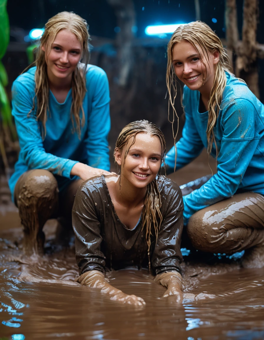 photo of young woman, in soaking wet, drenched clothes,
white convers, blue bootcut jeans, pullover, Dark muddy indoor disco club at night. Deep mud on the floor, mud splashed walls, dripping mud from above, very dark mood lighting with pink and blue neon lights from above. Muddy chairs and sofas in the background. , 
enjoying, wet clothes stuck to body,
detailed textures of the wet clothes, wet face, wet plastered hair,
wet, drenched, professional, high-quality details, full body view.
sharp focus, ultra-high pixel detail, realistic, high-quality, full colors, incredibly detailed, 4k, 8k, 16k, hyper-realistic, RAW photo, masterpiece, ultra-detailed, professionally color graded, professional photograph, Three stunning blonde 30 years old beautiful girls are wallowing together in the deep muddy pool after a full dip in it. They are proudly wearing their fully and heavily mud-covered. Every small details of the clothes are muddy, muddy beautiful faces. Straight muddy very long open wavy hairstyle, muddy hair, smiling and satisfied beautiful muddy faces, highly photorealistic detailed facial features and expressions., dry skin, dry clothes, dry fabric