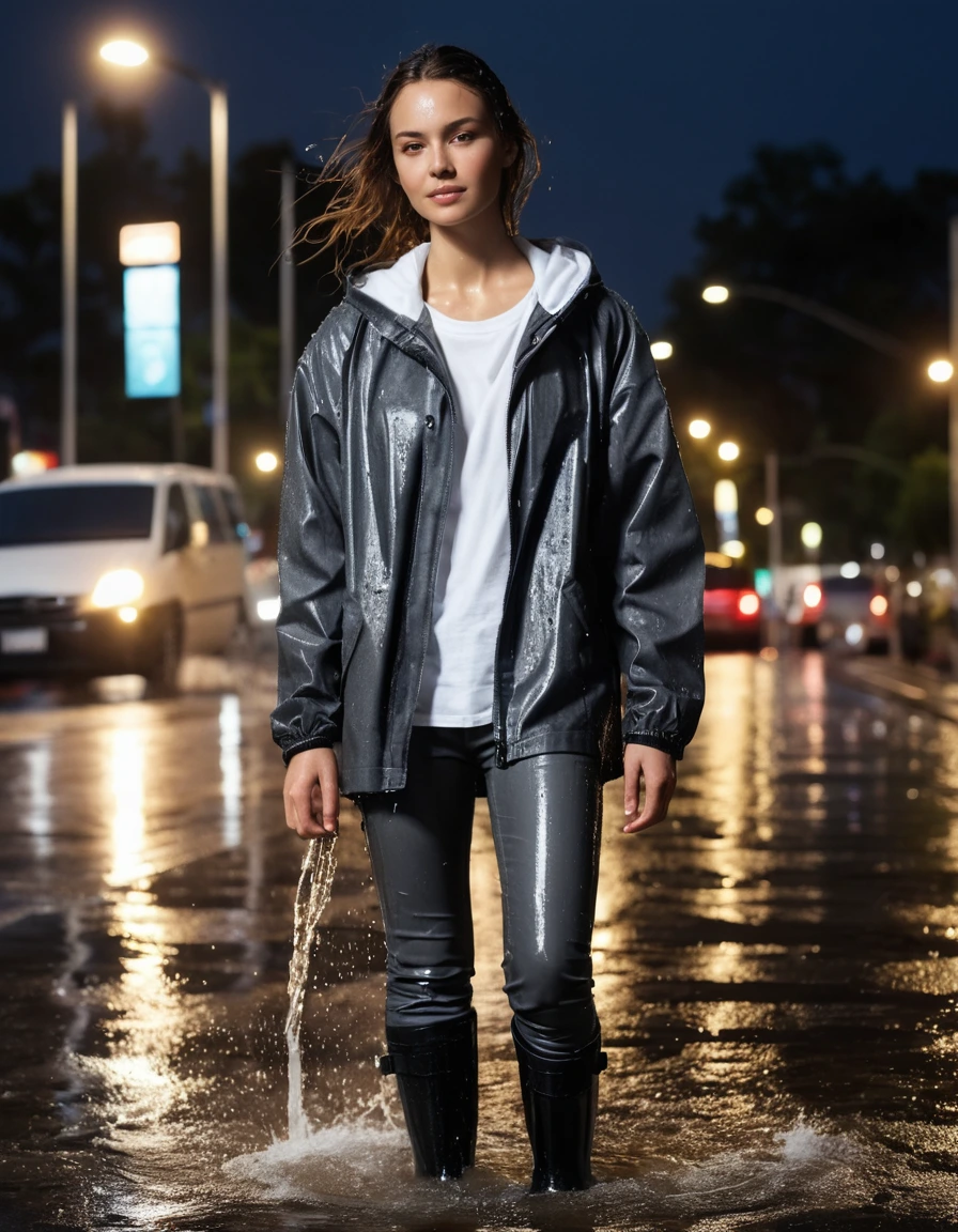 photo of young woman, in soaking wet, drenched clothes,
black rubber rain boots, slick surface, charcoal grey leather jeans, clinging to skin, saturated fabric, white oversized cotton t-shirt, translucent from water, drenched fabric, illuminated outdoor grocery plaza at night, wet asphalt, street lamps reflecting, 
enjoying, wet clothes stuck to body,
detailed textures of the wet clothes, wet face, wet plastered hair,
wet, drenched, professional, high-quality details, full body view.
sharp focus, ultra-high pixel detail, realistic, high-quality, full colors, incredibly detailed, 4k, 8k, 16k, hyper-realistic, RAW photo, masterpiece, ultra-detailed, professionally color graded, professional photograph, heavy rainfall, water droplets splashing on shoulders, fabric transparency, dramatic cinematic lighting, photorealistic, high contrast, 8k resolution, dry skin, dry clothes, dry fabric