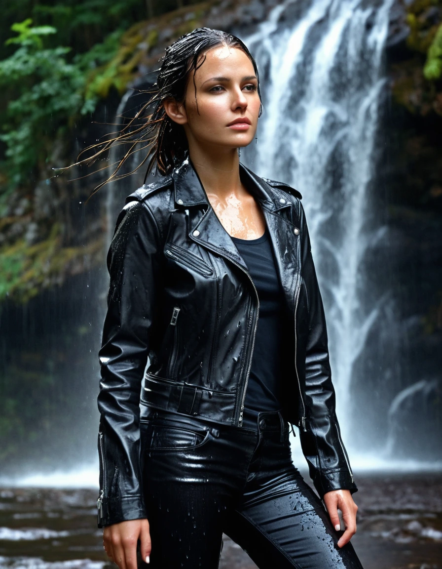 photo of young woman, in soaking wet, drenched clothes,
Black leather ankle boots, soaked and glistening , skin tight black leather jeans, saturated, water-drenched black long sleeve leather shirt, black bikers leather jacket, staning under a waterfall in the mountains, heavy rain, drenched, close up, 
enjoying, wet clothes stuck to body,
detailed textures of the wet clothes, wet face, wet plastered hair,
wet, drenched, professional, high-quality details, full body view.
sharp focus, ultra-high pixel detail, realistic, high-quality, full colors, incredibly detailed, 4k, 8k, 16k, hyper-realistic, RAW photo, masterpiece, ultra-detailed, professionally color graded, professional photograph, streaming raindrops, fabric transparency, high-contrast water cling, cinematic lighting, photorealistic, 8k, water dripping from hem, storm aftermath atmosphere, dry skin, dry clothes, dry fabric