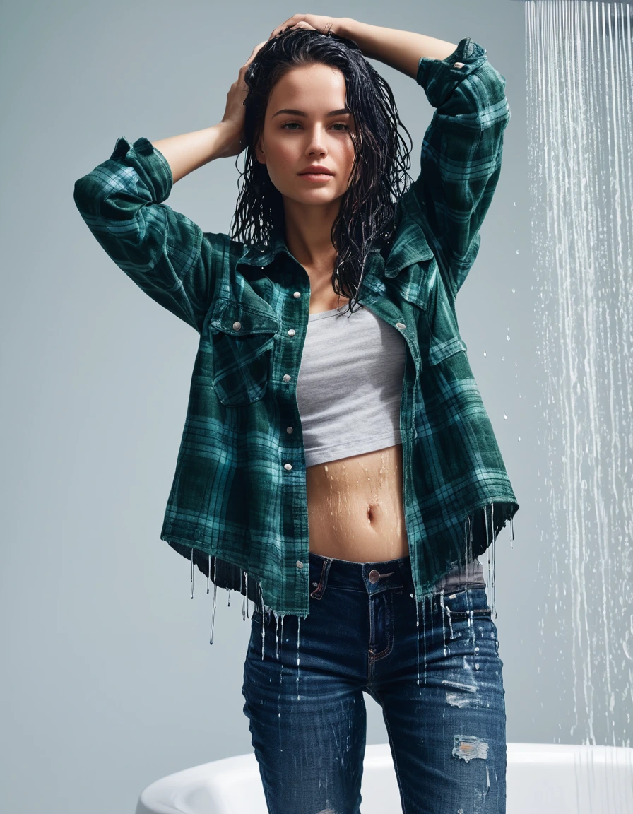 photo of young woman, in soaking wet, drenched clothes,
blue converse, blue bootcut jeans, a plaid lumberjack shirt over a green tank top, shower, 
enjoying, wet clothes stuck to body,
detailed textures of the wet clothes, wet face, wet plastered hair,
wet, drenched, professional, high-quality details, full body view.
sharp focus, ultra-high pixel detail, realistic, high-quality, full colors, incredibly detailed, 4k, 8k, 16k, hyper-realistic, RAW photo, masterpiece, ultra-detailed, professionally color graded, professional photograph, long black hair driping wet washing hair, dry skin, dry clothes, dry fabric