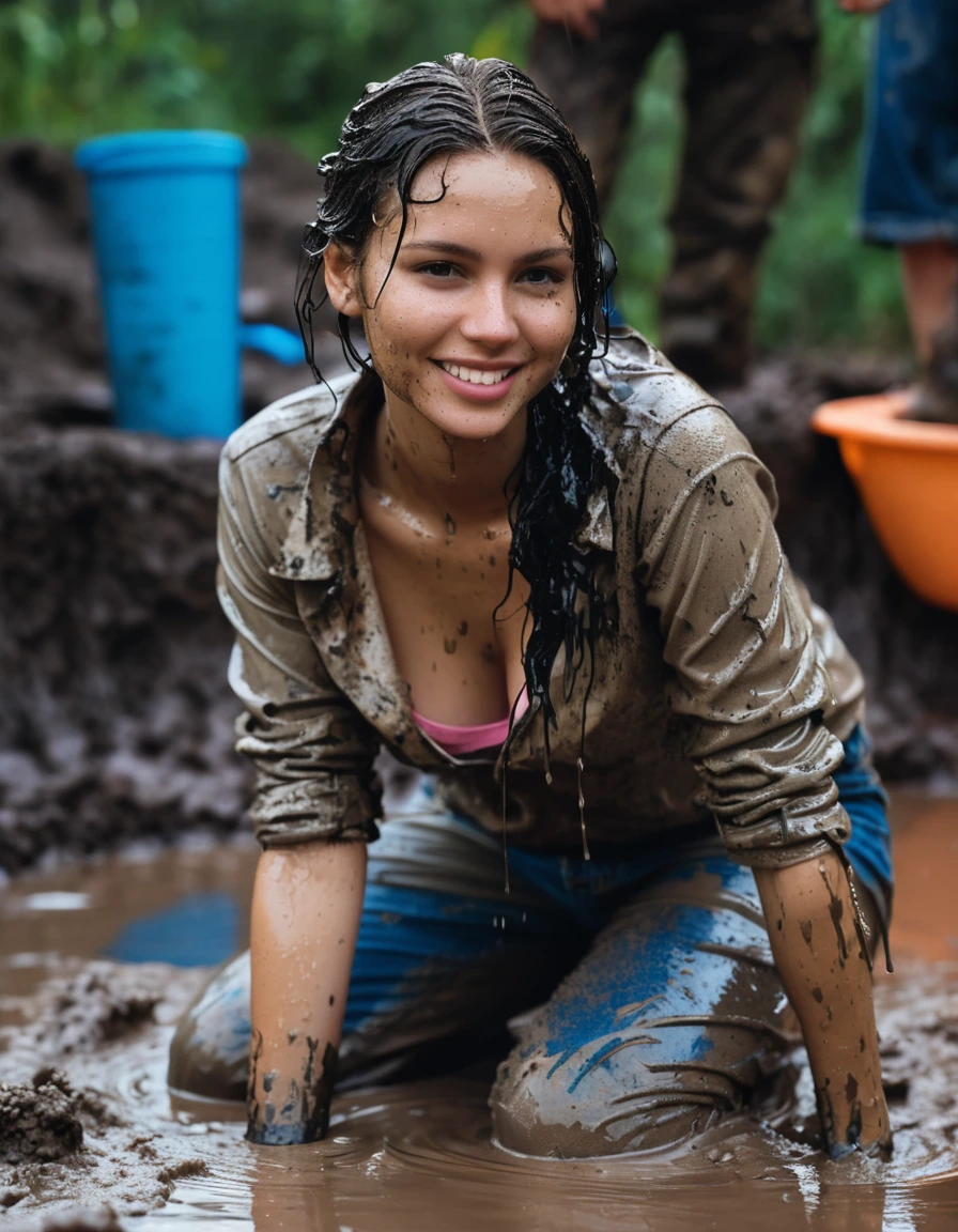 photo of young woman, in soaking wet, drenched clothes,
white convers, blue bootcut jeans, pullover, Dark muddy indoor disco club at night. Deep mud on the floor, mud splashed walls, dripping mud from above, very dark mood lighting with pink and blue neon lights from above. Muddy chairs and sofas in the background. , 
enjoying, wet clothes stuck to body,
detailed textures of the wet clothes, wet face, wet plastered hair,
wet, drenched, professional, high-quality details, full body view.
sharp focus, ultra-high pixel detail, realistic, high-quality, full colors, incredibly detailed, 4k, 8k, 16k, hyper-realistic, RAW photo, masterpiece, ultra-detailed, professionally color graded, professional photograph, a stunning black haired 30 years old beautiful girl wallowing together in the deep muddy pool after a full dip in it. They are proudly wearing their fully and heavily mud-covered. Every small details of the clothes are muddy, muddy beautiful faces. Straight muddy very long open wavy hairstyle, muddy hair, smiling and satisfied beautiful muddy faces, highly photorealistic detailed facial features and expressions., dry skin, dry clothes, dry fabric