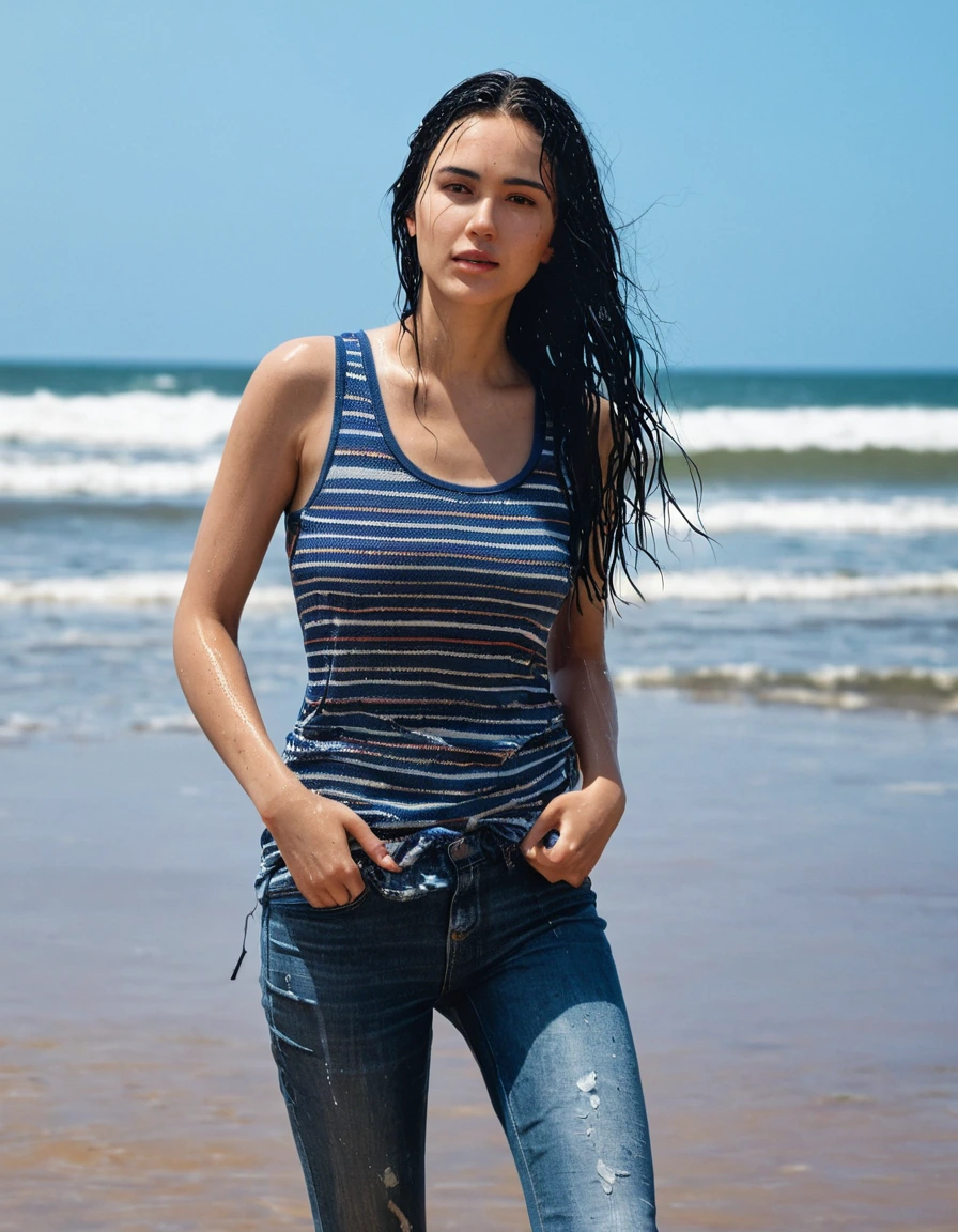 photo of young woman, in soaking wet, drenched clothes,
, bootcut jeans, striped tanktop, walking on the beach, 
enjoying, wet clothes stuck to body,
detailed textures of the wet clothes, wet face, wet plastered hair,
wet, drenched, professional, high-quality details, full body view.
sharp focus, ultra-high pixel detail, realistic, high-quality, full colors, incredibly detailed, 4k, 8k, 16k, hyper-realistic, RAW photo, masterpiece, ultra-detailed, professionally color graded, professional photograph, woman 26 years old, long black hair, complete body, open mouth, dry skin, dry clothes, dry fabric, dry skin, dry clothes, dry fabric