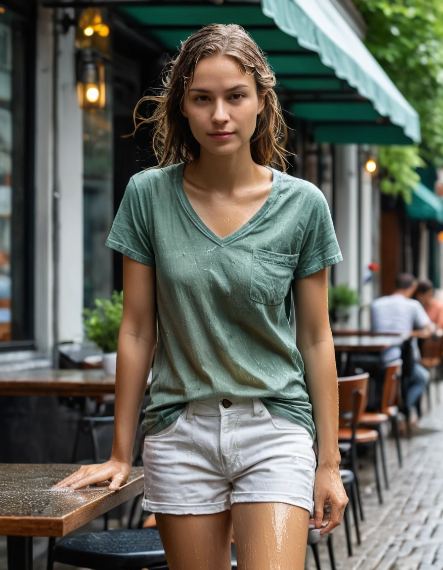 photo of young woman, in soaking wet, drenched clothes,
beige rubber flip-flops, white linen trousers completely saturated and translucent, fitted sage green cotton t-shirt clinging to torso, outdoor cafe frontage with iron bistro tables, 
enjoying, wet clothes stuck to body,
detailed textures of the wet clothes, wet face, wet plastered hair,
wet, drenched, professional, high-quality details, full body view.
sharp focus, ultra-high pixel detail, realistic, high-quality, full colors, incredibly detailed, 4k, 8k, 16k, hyper-realistic, RAW photo, masterpiece, ultra-detailed, professionally color graded, professional photograph, drenched appearance, fabric clinging to skin, glistening water droplets on hair and face, sharp focus, high-speed photography, bright daylight, broken sprinkler mist, dry skin, dry clothes, dry fabric