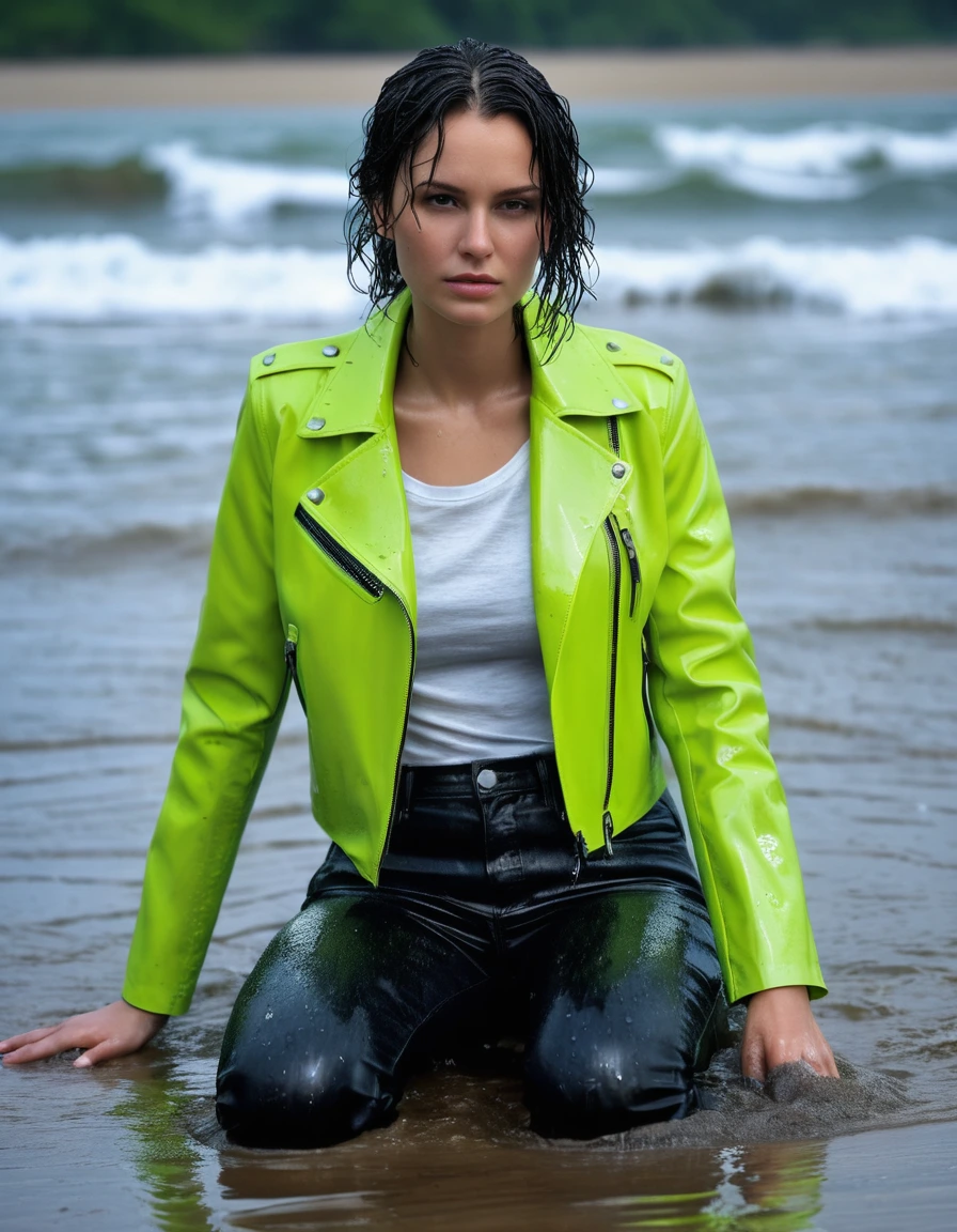 photo of young woman, in soaking wet, drenched clothes,
Black leather ankle boots, soaked and glistening , skin tight black leather jeans, saturated, water-drenched white latex shirt, neon green leather jacket, saturated, lying in the waves on the beach at night, heavy rain, drenched, close up, 
enjoying, wet clothes stuck to body,
detailed textures of the wet clothes, wet face, wet plastered hair,
wet, drenched, professional, high-quality details, full body view.
sharp focus, ultra-high pixel detail, realistic, high-quality, full colors, incredibly detailed, 4k, 8k, 16k, hyper-realistic, RAW photo, masterpiece, ultra-detailed, professionally color graded, professional photograph, streaming raindrops, fabric transparency, high-contrast water cling, cinematic lighting, photorealistic, 8k, water dripping from hem, storm aftermath atmosphere, dry skin, dry clothes, dry fabric