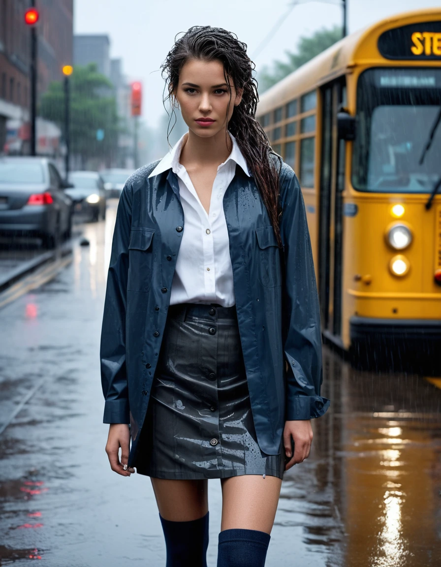 photo of young woman, in soaking wet, drenched clothes,
black rubber knee-high rain boots, sheer charcoal grey tights under a tailored navy pencil skirt, fitted white cotton button-down shirt, urban bus stop shelter under heavy rain, 
enjoying, wet clothes stuck to body,
detailed textures of the wet clothes, wet face, wet plastered hair,
wet, drenched, professional, high-quality details, full body view.
sharp focus, ultra-high pixel detail, realistic, high-quality, full colors, incredibly detailed, 4k, 8k, 16k, hyper-realistic, RAW photo, masterpiece, ultra-detailed, professionally color graded, professional photograph, editorial fashion photography, hair plastered to face, fabric clinging to skin, heavy downpour, cinematic street lighting, high contrast, water droplets, soaked aesthetic, sharp focus, dry skin, dry clothes, dry fabric