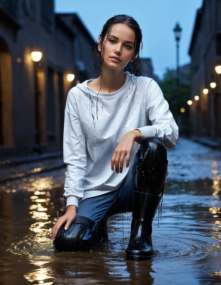 photo of young woman, in soaking wet, drenched clothes,
black rubber knee-high rain boots, fitted dark indigo leather jeans, soaked and clinging, heavy white cotton crewneck t-shirt, completely translucent from water saturation, illuminated apartment courtyard at night, wet cobblestone ground, close up, 
enjoying, wet clothes stuck to body,
detailed textures of the wet clothes, wet face, wet plastered hair,
wet, drenched, professional, high-quality details, full body view.
sharp focus, ultra-high pixel detail, realistic, high-quality, full colors, incredibly detailed, 4k, 8k, 16k, hyper-realistic, RAW photo, masterpiece, ultra-detailed, professionally color graded, professional photograph, cinematic rainy atmosphere, dramatic fountain spray backlight, beads of water dripping from hair, sharp focus, highly detailed texture, hyper-realistic, 8k resolution, glistening skin, dry skin, dry clothes, dry fabric