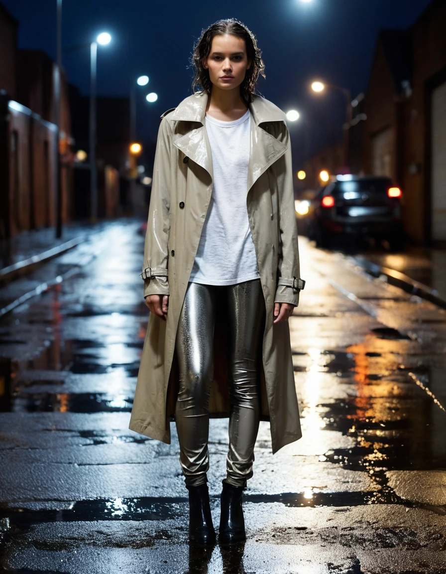 photo of young woman, in soaking wet, drenched clothes,
soaked black leather ankle boots, translucent clingy grey leggings, drenched oversized beige trench coat over a white cotton t-shirt, dimly lit suburban street at night under a rusted metal drainpipe, 
enjoying, wet clothes stuck to body,
detailed textures of the wet clothes, wet face, wet plastered hair,
wet, drenched, professional, high-quality details, full body view.
sharp focus, ultra-high pixel detail, realistic, high-quality, full colors, incredibly detailed, 4k, 8k, 16k, hyper-realistic, RAW photo, masterpiece, ultra-detailed, professionally color graded, professional photograph, heavy downpour, drenched fabric clinging to skin, glistening wet texture, vibrant city lights reflection on asphalt, sharp cinematic lighting, water droplets splashing, photorealistic, dry skin, dry clothes, dry fabric