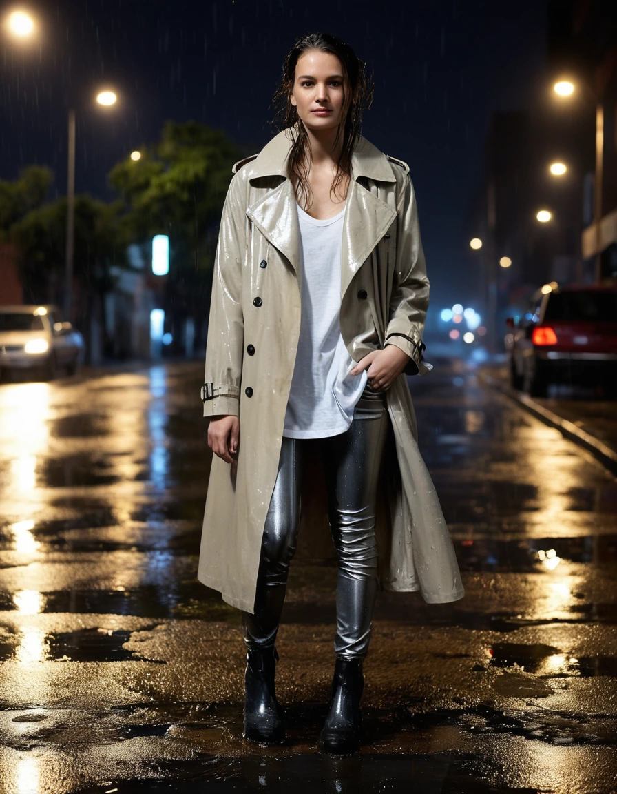 photo of young woman, in soaking wet, drenched clothes,
soaked black leather ankle boots, translucent clingy grey leggings, drenched oversized beige trench coat over a white cotton t-shirt, dimly lit suburban street at night under a rusted metal drainpipe, 
enjoying, wet clothes stuck to body,
detailed textures of the wet clothes, wet face, wet plastered hair,
wet, drenched, professional, high-quality details, full body view.
sharp focus, ultra-high pixel detail, realistic, high-quality, full colors, incredibly detailed, 4k, 8k, 16k, hyper-realistic, RAW photo, masterpiece, ultra-detailed, professionally color graded, professional photograph, heavy downpour, drenched fabric clinging to skin, glistening wet texture, vibrant city lights reflection on asphalt, sharp cinematic lighting, water droplets splashing, photorealistic, dry skin, dry clothes, dry fabric