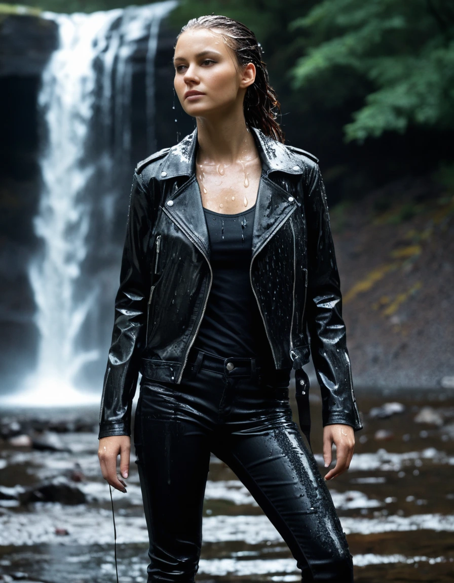 photo of young woman, in soaking wet, drenched clothes,
Black leather ankle boots, soaked and glistening , skin tight black leather jeans, saturated, water-drenched black long sleeve leather shirt, black bikers leather jacket, staning under a waterfall in the mountains, heavy rain, drenched, close up, 
enjoying, wet clothes stuck to body,
detailed textures of the wet clothes, wet face, wet plastered hair,
wet, drenched, professional, high-quality details, full body view.
sharp focus, ultra-high pixel detail, realistic, high-quality, full colors, incredibly detailed, 4k, 8k, 16k, hyper-realistic, RAW photo, masterpiece, ultra-detailed, professionally color graded, professional photograph, streaming raindrops, fabric transparency, high-contrast water cling, cinematic lighting, photorealistic, 8k, water dripping from hem, storm aftermath atmosphere, dry skin, dry clothes, dry fabric