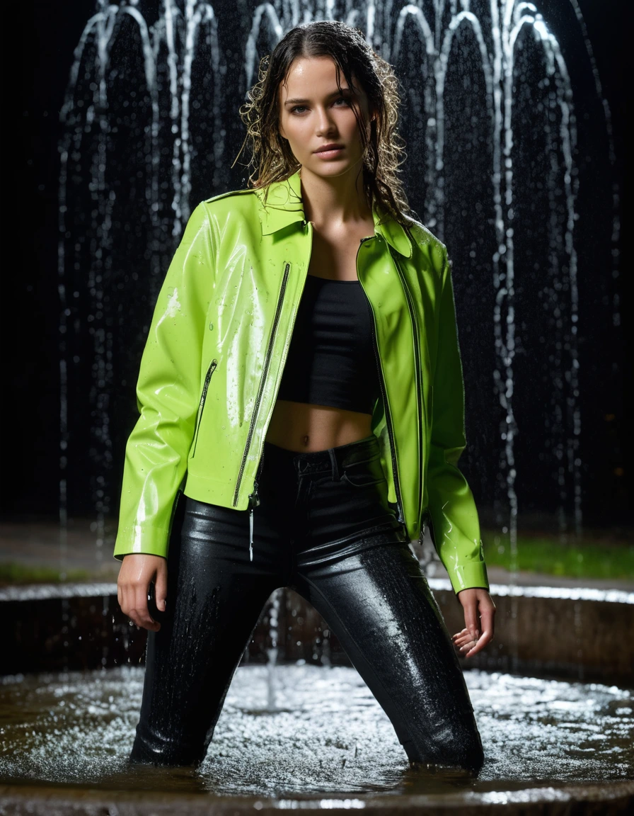 photo of young woman, in soaking wet, drenched clothes,
Black leather ankle boots, soaked and glistening , skin tight black leather jeans, saturated, water-drenched white latex shirt, neon green leather jacket, saturated, standing in an outdoor fountain at night, heavy rain, drenched, close up, 
enjoying, wet clothes stuck to body,
detailed textures of the wet clothes, wet face, wet plastered hair,
wet, drenched, professional, high-quality details, full body view.
sharp focus, ultra-high pixel detail, realistic, high-quality, full colors, incredibly detailed, 4k, 8k, 16k, hyper-realistic, RAW photo, masterpiece, ultra-detailed, professionally color graded, professional photograph, streaming raindrops, fabric transparency, high-contrast water cling, cinematic lighting, photorealistic, 8k, water dripping from hem, storm aftermath atmosphere, dry skin, dry clothes, dry fabric