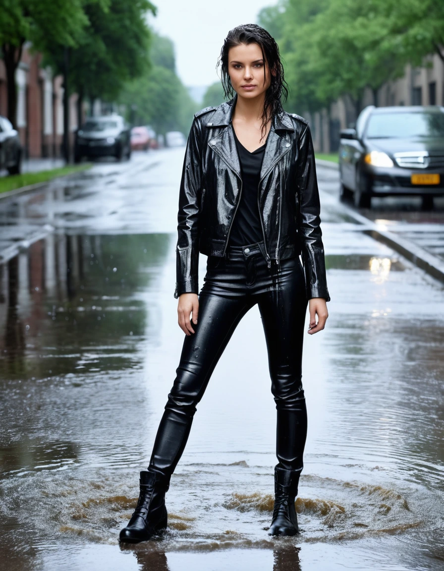 photo of young woman, in soaking wet, drenched clothes,
Black leather ankle boots, soaked and glistening , skin tight black leather jeans, saturated, water-drenched black long sleeve leather shirt, black bikers leather jacket, elegant hotel driveway, wet pavement reflecting bright daylight, drenched, close up, 
enjoying, wet clothes stuck to body,
detailed textures of the wet clothes, wet face, wet plastered hair,
wet, drenched, professional, high-quality details, full body view.
sharp focus, ultra-high pixel detail, realistic, high-quality, full colors, incredibly detailed, 4k, 8k, 16k, hyper-realistic, RAW photo, masterpiece, ultra-detailed, professionally color graded, professional photograph, streaming raindrops, fabric transparency, high-contrast water cling, cinematic lighting, photorealistic, 8k, water dripping from hem, storm aftermath atmosphere, dry skin, dry clothes, dry fabric