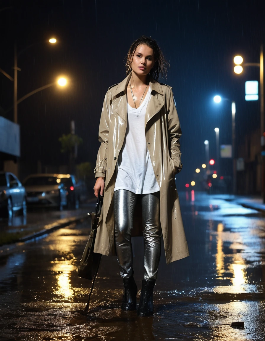 photo of young woman, in soaking wet, drenched clothes,
soaked black leather ankle boots, translucent clingy grey leggings, drenched oversized beige trench coat over a white cotton t-shirt, dimly lit suburban street at night under a rusted metal drainpipe, 
enjoying, wet clothes stuck to body,
detailed textures of the wet clothes, wet face, wet plastered hair,
wet, drenched, professional, high-quality details, full body view.
sharp focus, ultra-high pixel detail, realistic, high-quality, full colors, incredibly detailed, 4k, 8k, 16k, hyper-realistic, RAW photo, masterpiece, ultra-detailed, professionally color graded, professional photograph, heavy downpour, drenched fabric clinging to skin, glistening wet texture, vibrant city lights reflection on asphalt, sharp cinematic lighting, water droplets splashing, photorealistic, dry skin, dry clothes, dry fabric
