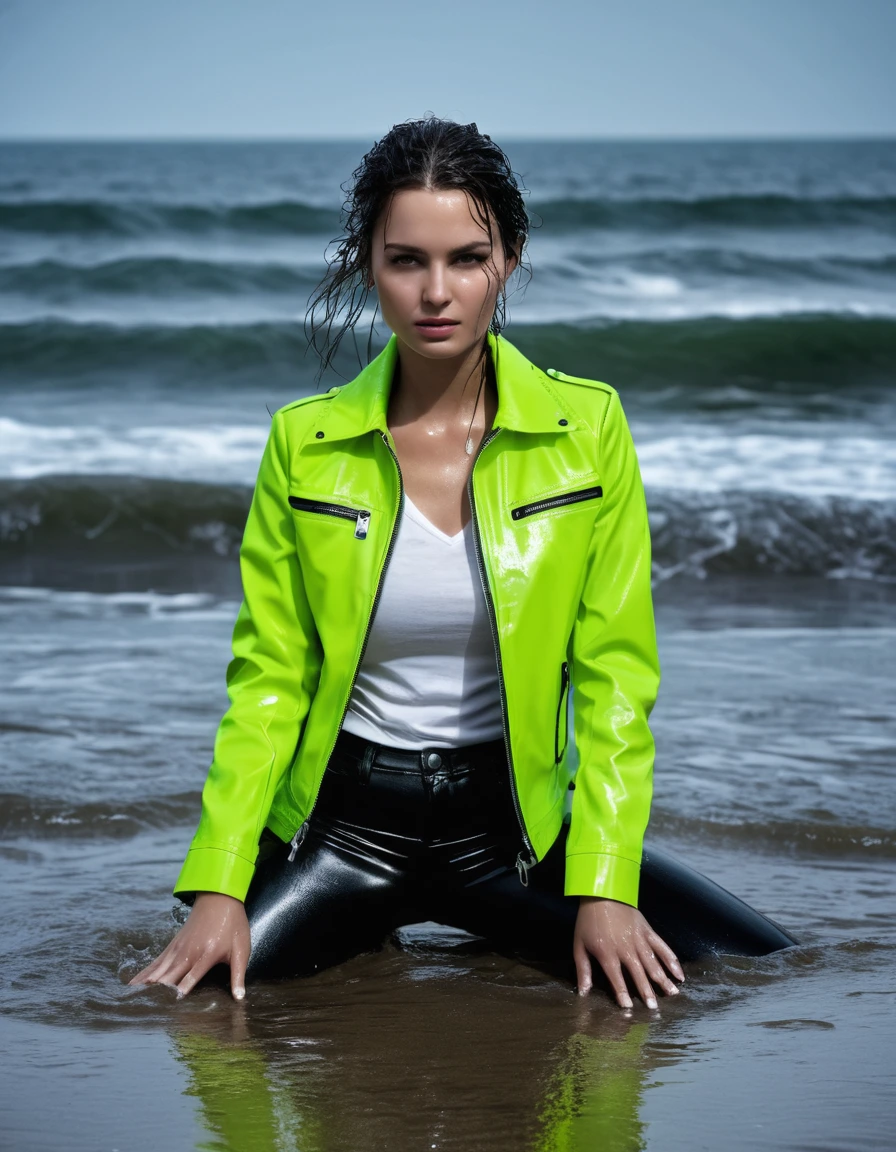 photo of young woman, in soaking wet, drenched clothes,
Black leather ankle boots, soaked and glistening , skin tight black leather jeans, saturated, water-drenched white latex shirt, neon green leather jacket, saturated, lying in the waves on the beach at night, heavy rain, drenched, close up, 
enjoying, wet clothes stuck to body,
detailed textures of the wet clothes, wet face, wet plastered hair,
wet, drenched, professional, high-quality details, full body view.
sharp focus, ultra-high pixel detail, realistic, high-quality, full colors, incredibly detailed, 4k, 8k, 16k, hyper-realistic, RAW photo, masterpiece, ultra-detailed, professionally color graded, professional photograph, streaming raindrops, fabric transparency, high-contrast water cling, cinematic lighting, photorealistic, 8k, water dripping from hem, storm aftermath atmosphere, dry skin, dry clothes, dry fabric