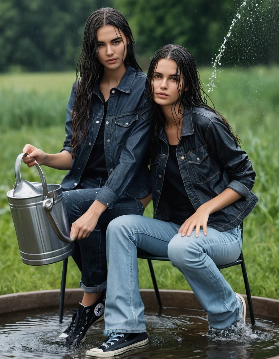 photo of young woman, in soaking wet, drenched clothes,
black converse senakers, light blue bootcut jeans, black shirt, lawn, 
enjoying, wet clothes stuck to body,
detailed textures of the wet clothes, wet face, wet plastered hair,
wet, drenched, professional, high-quality details, full body view.
sharp focus, ultra-high pixel detail, realistic, high-quality, full colors, incredibly detailed, 4k, 8k, 16k, hyper-realistic, RAW photo, masterpiece, ultra-detailed, professionally color graded, professional photograph, The both havre black long hair. One girl is sitting in a chair the second girl  holding watering can pooring water over the head, dry skin, dry clothes, dry fabric