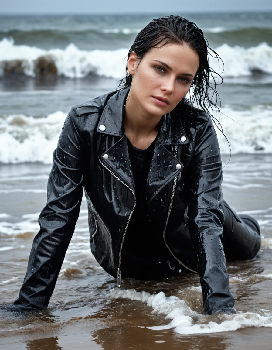 photo of young woman, in soaking wet, drenched clothes,
Black leather ankle boots, soaked and glistening , skin tight black leather jeans, saturated, water-drenched black long sleeve leather shirt, black bikers leather jacket, lying in the waves on the beach at night, heavy rain, drenched, close up, 
enjoying, wet clothes stuck to body,
detailed textures of the wet clothes, wet face, wet plastered hair,
wet, drenched, professional, high-quality details, full body view.
sharp focus, ultra-high pixel detail, realistic, high-quality, full colors, incredibly detailed, 4k, 8k, 16k, hyper-realistic, RAW photo, masterpiece, ultra-detailed, professionally color graded, professional photograph, streaming raindrops, fabric transparency, high-contrast water cling, cinematic lighting, photorealistic, 8k, water dripping from hem, storm aftermath atmosphere, dry skin, dry clothes, dry fabric