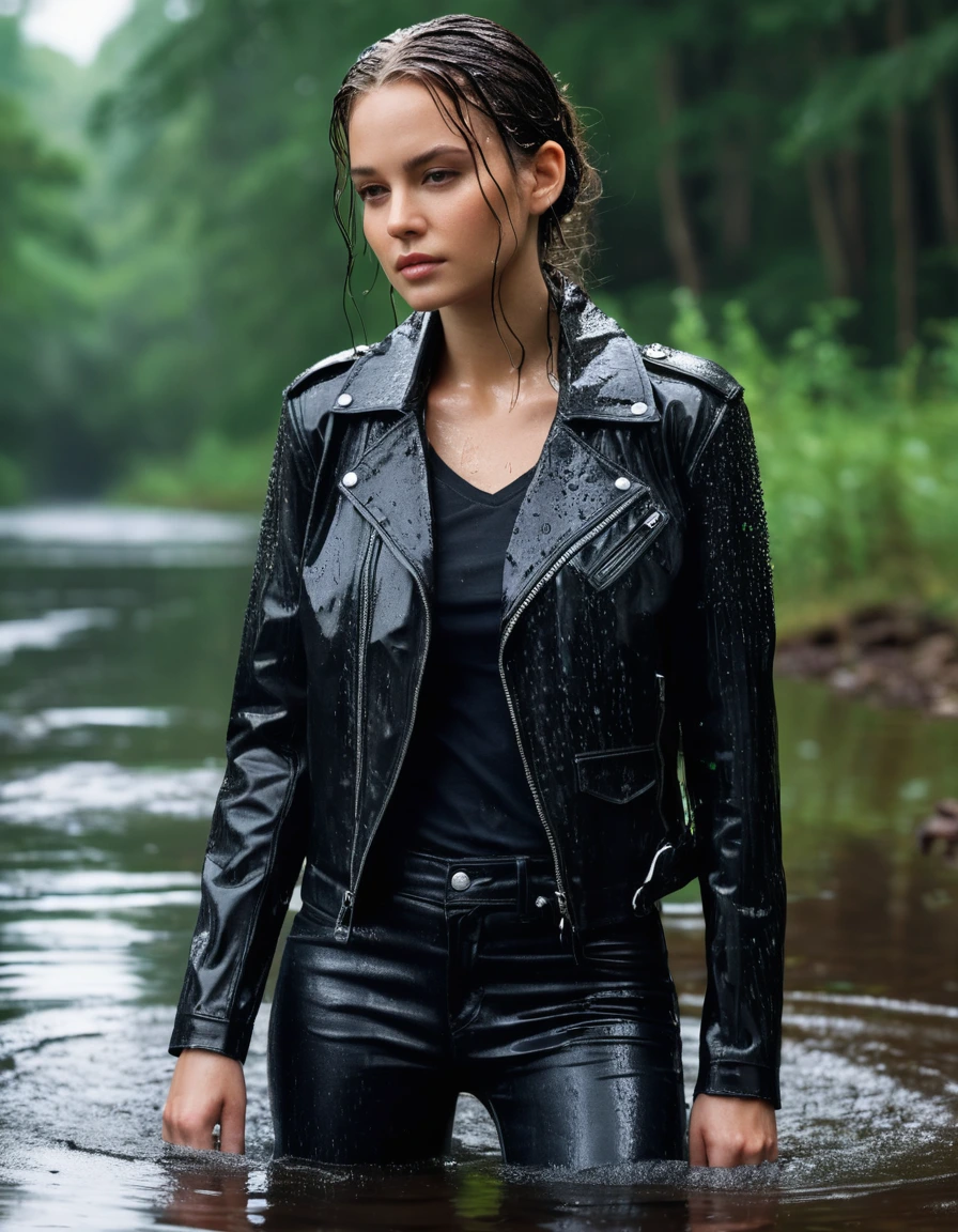 photo of young woman, in soaking wet, drenched clothes,
Black leather ankle boots, soaked and glistening , skin tight black leather jeans, saturated, black long sleeve leather shirt, black bikers leather jacket , snow covered forest, lying sbmerged in a river, head and sholders above the water, drenched, close up, 
enjoying, wet clothes stuck to body,
detailed textures of the wet clothes, wet face, wet plastered hair,
wet, drenched, professional, high-quality details, full body view.
sharp focus, ultra-high pixel detail, realistic, high-quality, full colors, incredibly detailed, 4k, 8k, 16k, hyper-realistic, RAW photo, masterpiece, ultra-detailed, professionally color graded, professional photograph, intense wind-driven rain, hyper-realistic water droplets, cinematic rim lighting, fabric transparency, high-fashion editorial aesthetic, drenched hair, dry skin, dry clothes, dry fabric