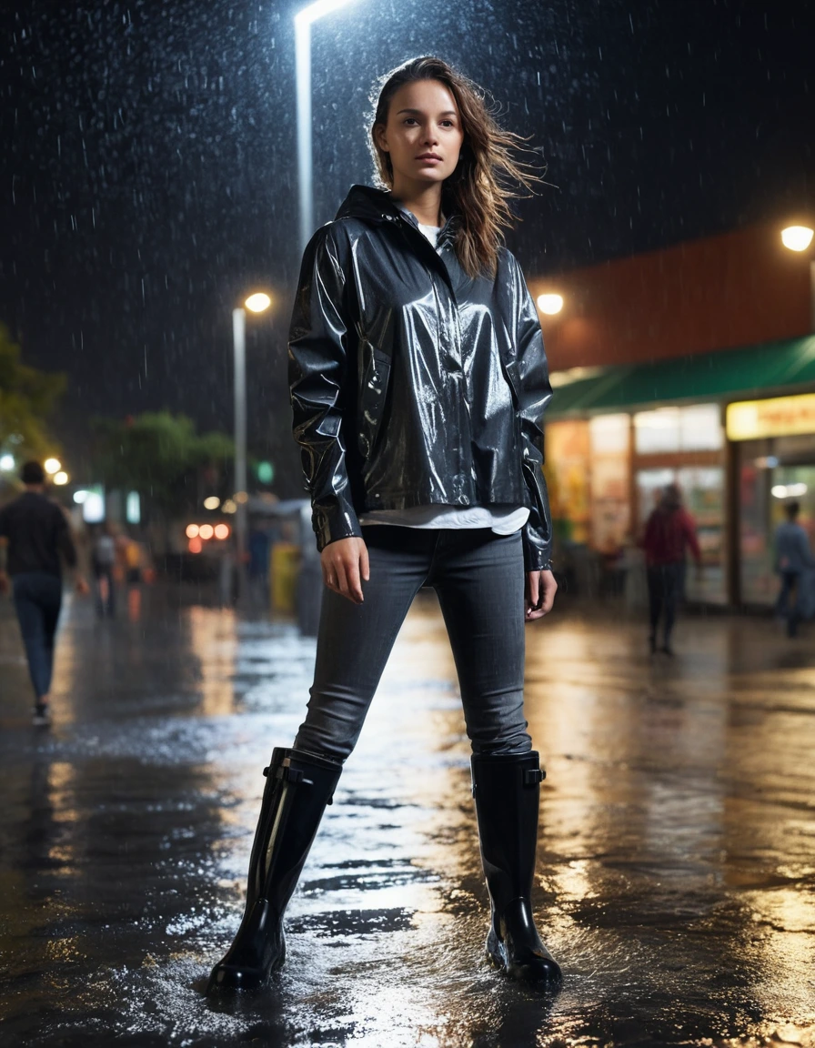 photo of young woman, in soaking wet, drenched clothes,
black rubber rain boots, slick surface, charcoal grey leather jeans, clinging to skin, saturated fabric, white oversized cotton t-shirt, translucent from water, drenched fabric, illuminated outdoor grocery plaza at night, wet asphalt, street lamps reflecting, 
enjoying, wet clothes stuck to body,
detailed textures of the wet clothes, wet face, wet plastered hair,
wet, drenched, professional, high-quality details, full body view.
sharp focus, ultra-high pixel detail, realistic, high-quality, full colors, incredibly detailed, 4k, 8k, 16k, hyper-realistic, RAW photo, masterpiece, ultra-detailed, professionally color graded, professional photograph, heavy rainfall, water droplets splashing on shoulders, fabric transparency, dramatic cinematic lighting, photorealistic, high contrast, 8k resolution, dry skin, dry clothes, dry fabric
