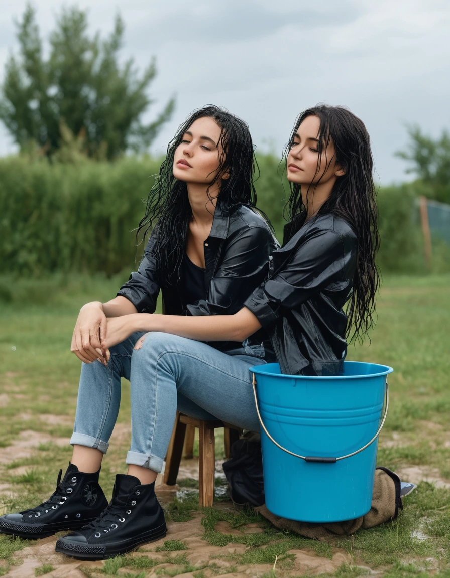 photo of young woman, in soaking wet, drenched clothes,
black converse senakers, light blue bootcut jeans, black shirt, lawn, 
enjoying, wet clothes stuck to body,
detailed textures of the wet clothes, wet face, wet plastered hair,
wet, drenched, professional, high-quality details, full body view.
sharp focus, ultra-high pixel detail, realistic, high-quality, full colors, incredibly detailed, 4k, 8k, 16k, hyper-realistic, RAW photo, masterpiece, ultra-detailed, professionally color graded, professional photograph, The both havre black long hair. One girl is sitting in a chair the second girl. The second girl pushes a bucket of water over her, dry skin, dry clothes, dry fabric