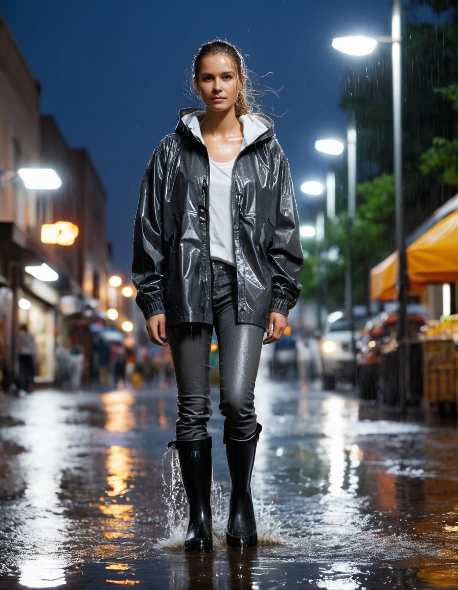 photo of young woman, in soaking wet, drenched clothes,
black rubber rain boots, slick surface, charcoal grey leather jeans, clinging to skin, saturated fabric, white oversized cotton t-shirt, translucent from water, drenched fabric, illuminated outdoor grocery plaza at night, wet asphalt, street lamps reflecting, 
enjoying, wet clothes stuck to body,
detailed textures of the wet clothes, wet face, wet plastered hair,
wet, drenched, professional, high-quality details, full body view.
sharp focus, ultra-high pixel detail, realistic, high-quality, full colors, incredibly detailed, 4k, 8k, 16k, hyper-realistic, RAW photo, masterpiece, ultra-detailed, professionally color graded, professional photograph, heavy rainfall, water droplets splashing on shoulders, fabric transparency, dramatic cinematic lighting, photorealistic, high contrast, 8k resolution, dry skin, dry clothes, dry fabric