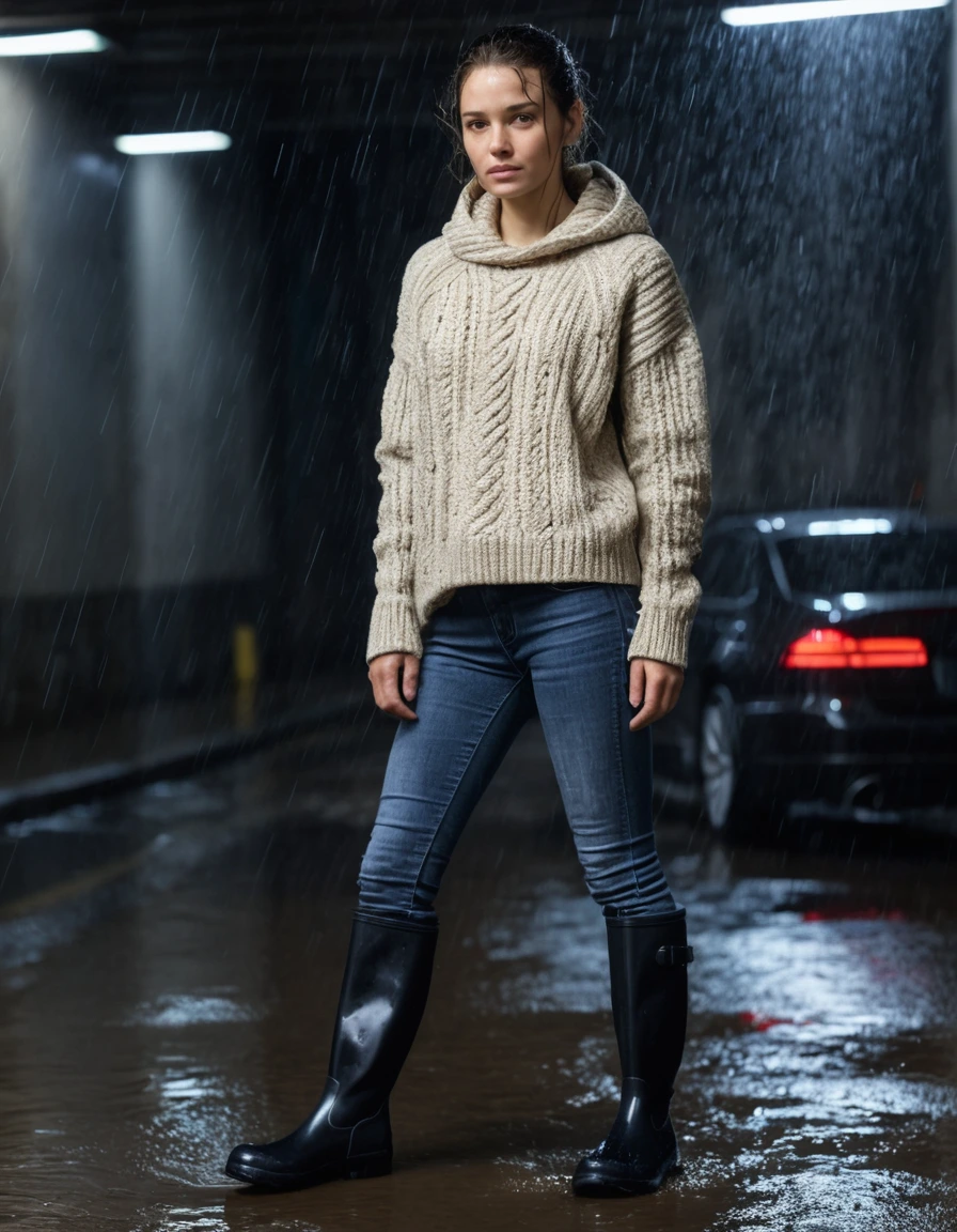 photo of young woman, in soaking wet, drenched clothes,
black rubber knee-high rain boots, fitted dark denim skinny jeans, completely soaked, clinging to skin, oversized beige cable-knit sweater, heavy with water, dripping at the hem, concrete entrance of a dimly lit parking garage, city street in the background, 
enjoying, wet clothes stuck to body,
detailed textures of the wet clothes, wet face, wet plastered hair,
wet, drenched, professional, high-quality details, full body view.
sharp focus, ultra-high pixel detail, realistic, high-quality, full colors, incredibly detailed, 4k, 8k, 16k, hyper-realistic, RAW photo, masterpiece, ultra-detailed, professionally color graded, professional photograph, caught in a torrential downpour, glistening skin, heavy rain droplets, dramatic cinematic lighting, photorealistic, 8k, high contrast, hair plastered to face, shivering expression, dry skin, dry clothes, dry fabric