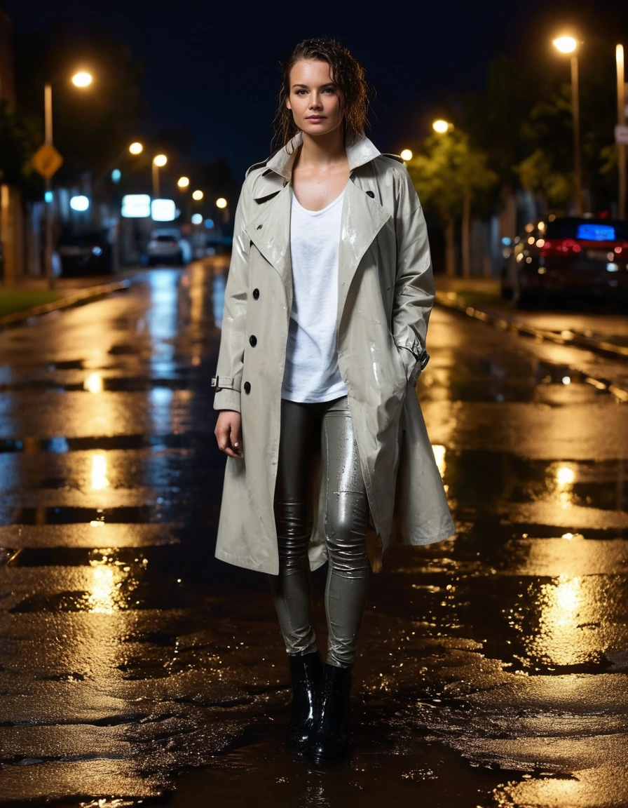photo of young woman, in soaking wet, drenched clothes,
soaked black leather ankle boots, translucent clingy grey leggings, drenched oversized beige trench coat over a white cotton t-shirt, dimly lit suburban street at night under a rusted metal drainpipe, 
enjoying, wet clothes stuck to body,
detailed textures of the wet clothes, wet face, wet plastered hair,
wet, drenched, professional, high-quality details, full body view.
sharp focus, ultra-high pixel detail, realistic, high-quality, full colors, incredibly detailed, 4k, 8k, 16k, hyper-realistic, RAW photo, masterpiece, ultra-detailed, professionally color graded, professional photograph, heavy downpour, drenched fabric clinging to skin, glistening wet texture, vibrant city lights reflection on asphalt, sharp cinematic lighting, water droplets splashing, photorealistic, dry skin, dry clothes, dry fabric