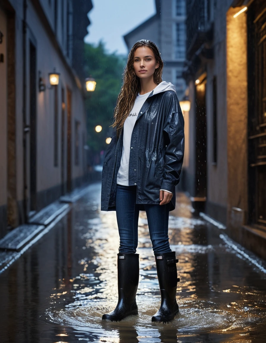 photo of young woman, in soaking wet, drenched clothes,
black rubber knee-high rain boots, fitted dark indigo denim jeans, soaked and clinging, heavy white cotton crewneck t-shirt, completely translucent from water saturation, illuminated apartment courtyard at night, wet cobblestone ground, 
enjoying, wet clothes stuck to body,
detailed textures of the wet clothes, wet face, wet plastered hair,
wet, drenched, professional, high-quality details, full body view.
sharp focus, ultra-high pixel detail, realistic, high-quality, full colors, incredibly detailed, 4k, 8k, 16k, hyper-realistic, RAW photo, masterpiece, ultra-detailed, professionally color graded, professional photograph, cinematic rainy atmosphere, dramatic fountain spray backlight, beads of water dripping from hair, sharp focus, highly detailed texture, hyper-realistic, 8k resolution, glistening skin, dry skin, dry clothes, dry fabric