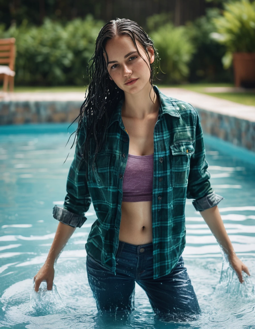 photo of young woman, in soaking wet, drenched clothes,
blue converse, blue bootcut jeans, a plaid lumberjack shirt over a green tank top, pool, 
enjoying, wet clothes stuck to body,
detailed textures of the wet clothes, wet face, wet plastered hair,
wet, drenched, professional, high-quality details, full body view.
sharp focus, ultra-high pixel detail, realistic, high-quality, full colors, incredibly detailed, 4k, 8k, 16k, hyper-realistic, RAW photo, masterpiece, ultra-detailed, professionally color graded, professional photograph, long black hair driping wet, dry skin, dry clothes, dry fabric