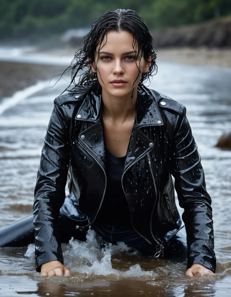 photo of young woman, in soaking wet, drenched clothes,
Black leather ankle boots, soaked and glistening , skin tight black leather jeans, saturated, water-drenched black long sleeve leather shirt, black bikers leather jacket, lying in the waves on the beach at night, heavy rain, drenched, close up, 
enjoying, wet clothes stuck to body,
detailed textures of the wet clothes, wet face, wet plastered hair,
wet, drenched, professional, high-quality details, full body view.
sharp focus, ultra-high pixel detail, realistic, high-quality, full colors, incredibly detailed, 4k, 8k, 16k, hyper-realistic, RAW photo, masterpiece, ultra-detailed, professionally color graded, professional photograph, streaming raindrops, fabric transparency, high-contrast water cling, cinematic lighting, photorealistic, 8k, water dripping from hem, storm aftermath atmosphere, dry skin, dry clothes, dry fabric