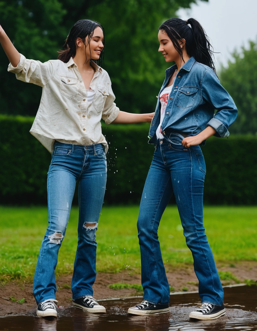 photo of young woman, in soaking wet, drenched clothes,
converse sneakers, bootcut jeans, shirt, park, 
enjoying, wet clothes stuck to body,
detailed textures of the wet clothes, wet face, wet plastered hair,
wet, drenched, professional, high-quality details, full body view.
sharp focus, ultra-high pixel detail, realistic, high-quality, full colors, incredibly detailed, 4k, 8k, 16k, hyper-realistic, RAW photo, masterpiece, ultra-detailed, professionally color graded, professional photograph, two 30 jear als black haired girls having a pie fight together. Ther hair, jeans and shirt are tolay covered in cream, dry skin, dry clothes, dry fabric