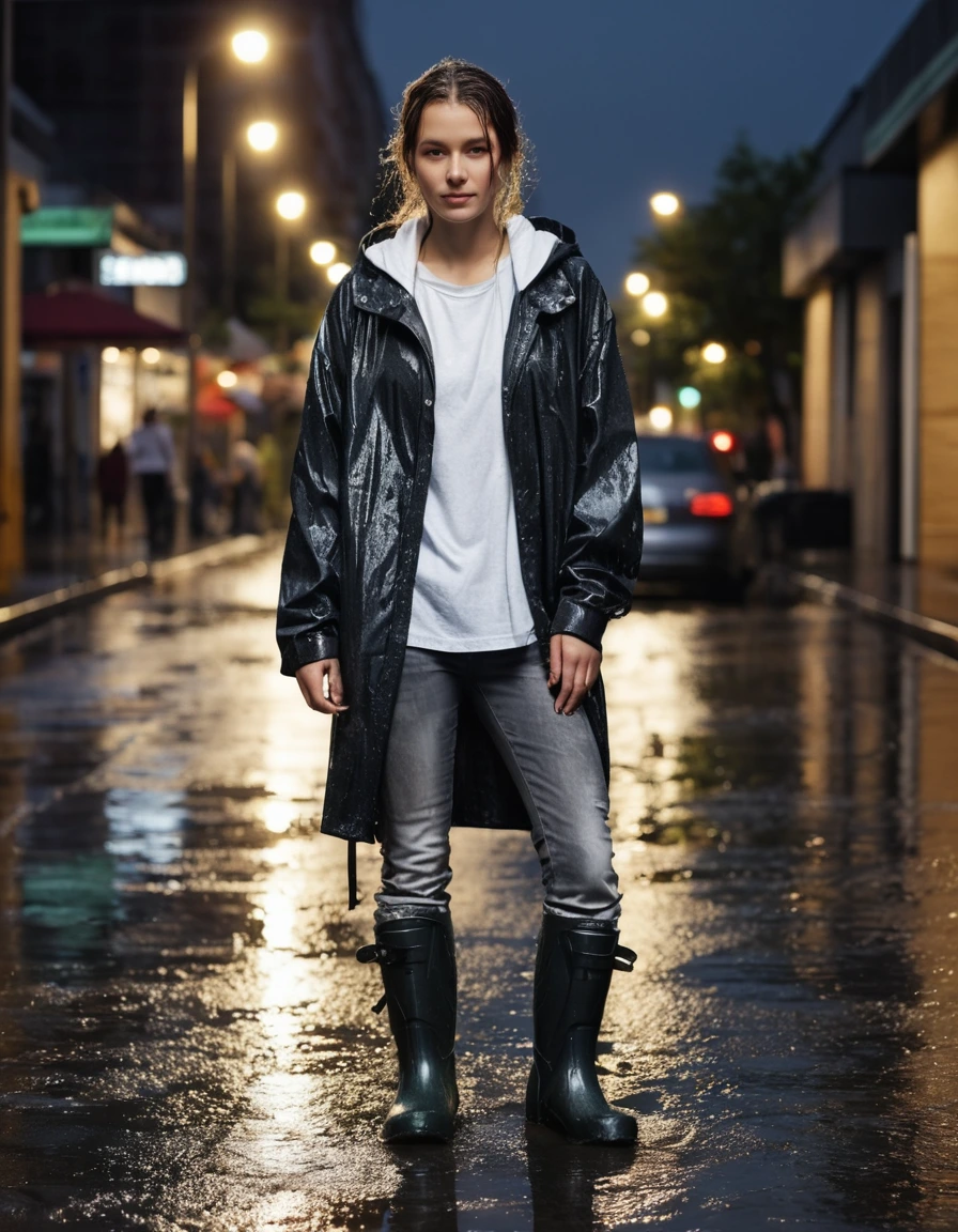 photo of young woman, in soaking wet, drenched clothes,
black rubber rain boots, slick surface, charcoal grey leather jeans, clinging to skin, saturated fabric, white oversized cotton t-shirt, translucent from water, drenched fabric, illuminated outdoor grocery plaza at night, wet asphalt, street lamps reflecting, 
enjoying, wet clothes stuck to body,
detailed textures of the wet clothes, wet face, wet plastered hair,
wet, drenched, professional, high-quality details, full body view.
sharp focus, ultra-high pixel detail, realistic, high-quality, full colors, incredibly detailed, 4k, 8k, 16k, hyper-realistic, RAW photo, masterpiece, ultra-detailed, professionally color graded, professional photograph, heavy rainfall, water droplets splashing on shoulders, fabric transparency, dramatic cinematic lighting, photorealistic, high contrast, 8k resolution, dry skin, dry clothes, dry fabric