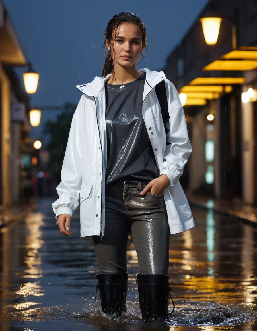 photo of young woman, in soaking wet, drenched clothes,
black rubber rain boots, slick surface, charcoal grey leather jeans, clinging to skin, saturated fabric, white oversized cotton t-shirt, translucent from water, drenched fabric, illuminated outdoor grocery plaza at night, wet asphalt, street lamps reflecting, 
enjoying, wet clothes stuck to body,
detailed textures of the wet clothes, wet face, wet plastered hair,
wet, drenched, professional, high-quality details, full body view.
sharp focus, ultra-high pixel detail, realistic, high-quality, full colors, incredibly detailed, 4k, 8k, 16k, hyper-realistic, RAW photo, masterpiece, ultra-detailed, professionally color graded, professional photograph, heavy rainfall, water droplets splashing on shoulders, fabric transparency, dramatic cinematic lighting, photorealistic, high contrast, 8k resolution, dry skin, dry clothes, dry fabric
