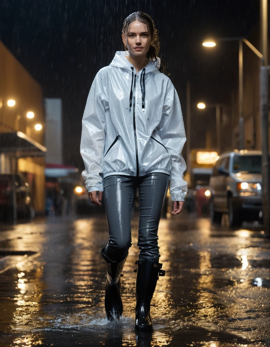 photo of young woman, in soaking wet, drenched clothes,
black rubber rain boots, slick surface, charcoal grey leather jeans, clinging to skin, saturated fabric, white oversized cotton t-shirt, translucent from water, drenched fabric, illuminated outdoor grocery plaza at night, wet asphalt, street lamps reflecting, 
enjoying, wet clothes stuck to body,
detailed textures of the wet clothes, wet face, wet plastered hair,
wet, drenched, professional, high-quality details, full body view.
sharp focus, ultra-high pixel detail, realistic, high-quality, full colors, incredibly detailed, 4k, 8k, 16k, hyper-realistic, RAW photo, masterpiece, ultra-detailed, professionally color graded, professional photograph, heavy rainfall, water droplets splashing on shoulders, fabric transparency, dramatic cinematic lighting, photorealistic, high contrast, 8k resolution, dry skin, dry clothes, dry fabric