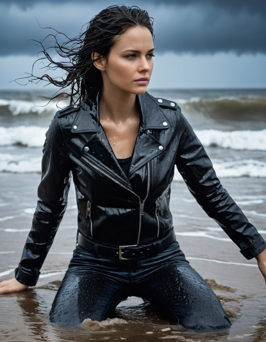 photo of young woman, in soaking wet, drenched clothes,
Black leather ankle boots, soaked and glistening , skin tight black leather jeans, saturated, water-drenched black long sleeve leather shirt, black bikers leather jacket, lying in the waves on the beach at night, heavy rain, drenched, close up, 
enjoying, wet clothes stuck to body,
detailed textures of the wet clothes, wet face, wet plastered hair,
wet, drenched, professional, high-quality details, full body view.
sharp focus, ultra-high pixel detail, realistic, high-quality, full colors, incredibly detailed, 4k, 8k, 16k, hyper-realistic, RAW photo, masterpiece, ultra-detailed, professionally color graded, professional photograph, streaming raindrops, fabric transparency, high-contrast water cling, cinematic lighting, photorealistic, 8k, water dripping from hem, storm aftermath atmosphere, dry skin, dry clothes, dry fabric