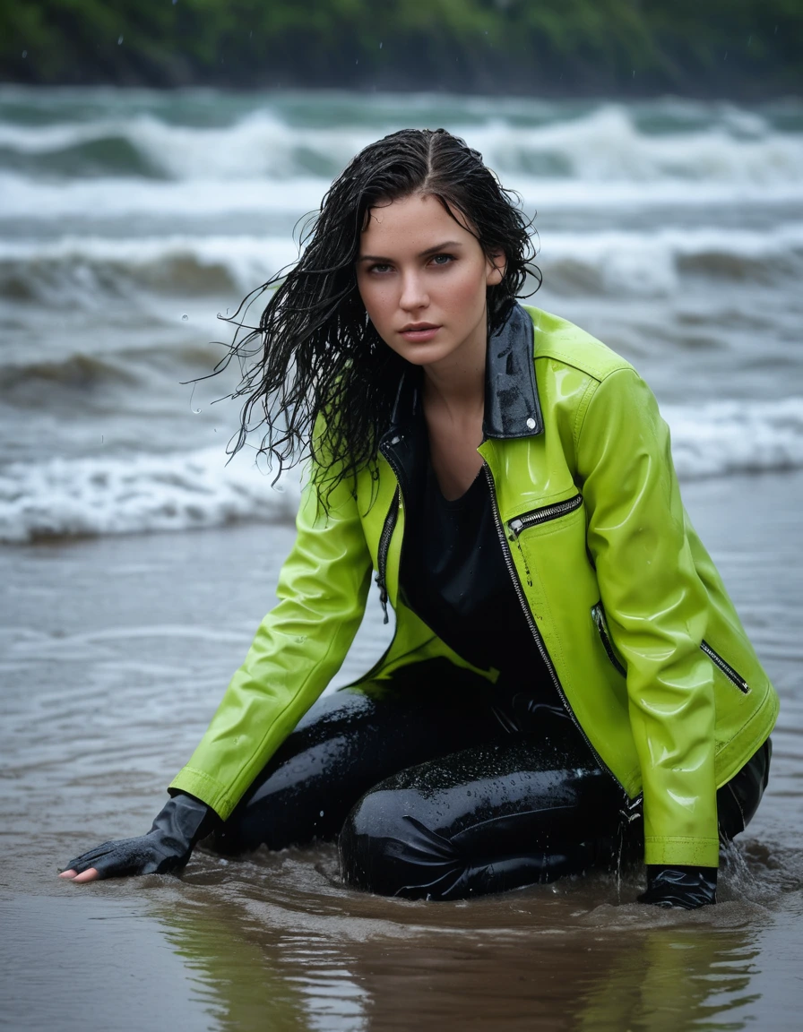 photo of young woman, in soaking wet, drenched clothes,
Black leather ankle boots, soaked and glistening , skin tight black leather jeans, saturated, water-drenched white latex shirt, neon green leather jacket, saturated, lying in the waves on the beach at night, heavy rain, drenched, close up, 
enjoying, wet clothes stuck to body,
detailed textures of the wet clothes, wet face, wet plastered hair,
wet, drenched, professional, high-quality details, full body view.
sharp focus, ultra-high pixel detail, realistic, high-quality, full colors, incredibly detailed, 4k, 8k, 16k, hyper-realistic, RAW photo, masterpiece, ultra-detailed, professionally color graded, professional photograph, streaming raindrops, fabric transparency, high-contrast water cling, cinematic lighting, photorealistic, 8k, water dripping from hem, storm aftermath atmosphere, dry skin, dry clothes, dry fabric