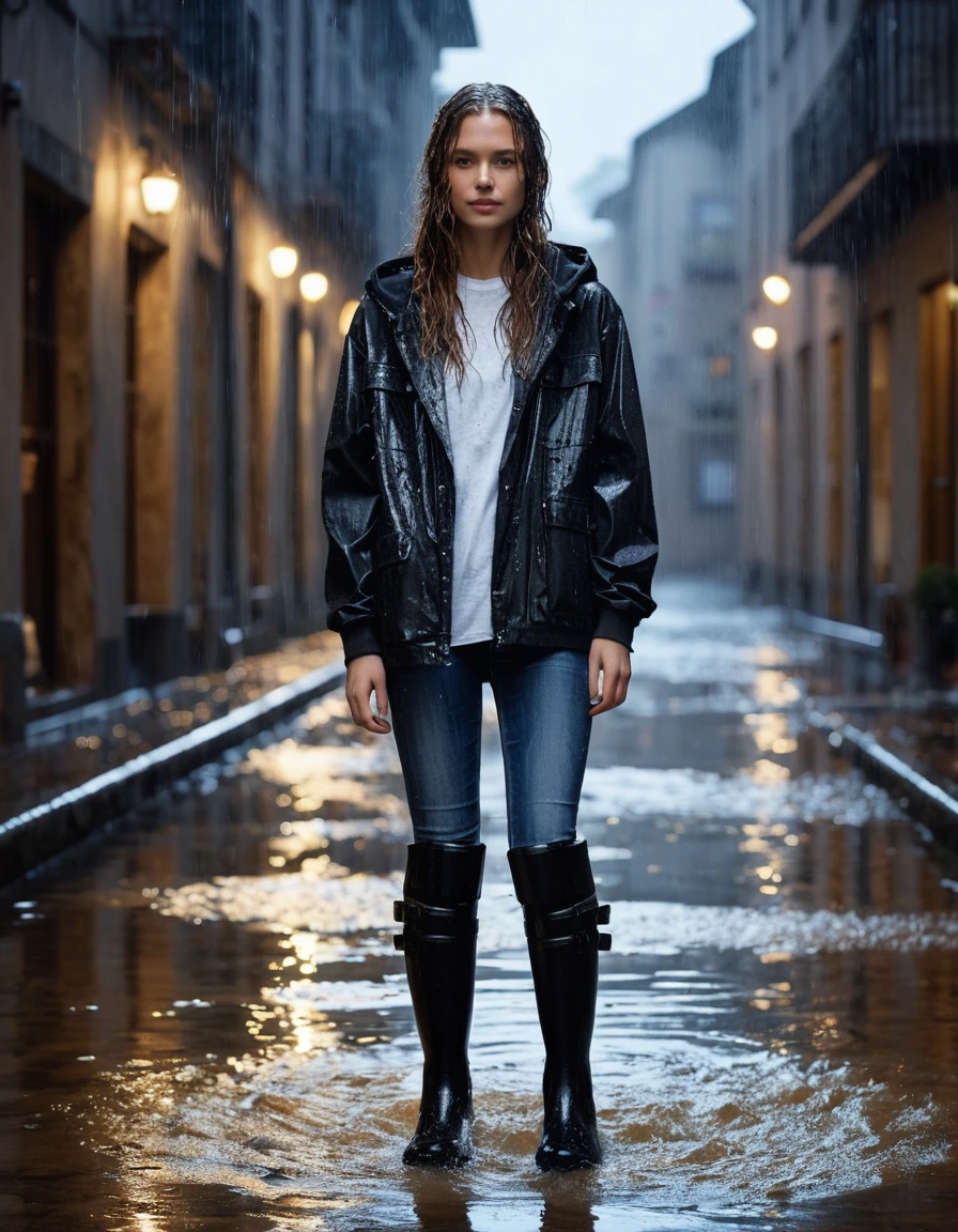 photo of young woman, in soaking wet, drenched clothes,
black rubber knee-high rain boots, fitted dark indigo leather jeans, soaked and clinging, heavy white cotton crewneck t-shirt, completely translucent from water saturation, illuminated apartment courtyard at night, wet cobblestone ground, close up, 
enjoying, wet clothes stuck to body,
detailed textures of the wet clothes, wet face, wet plastered hair,
wet, drenched, professional, high-quality details, full body view.
sharp focus, ultra-high pixel detail, realistic, high-quality, full colors, incredibly detailed, 4k, 8k, 16k, hyper-realistic, RAW photo, masterpiece, ultra-detailed, professionally color graded, professional photograph, cinematic rainy atmosphere, dramatic fountain spray backlight, beads of water dripping from hair, sharp focus, highly detailed texture, hyper-realistic, 8k resolution, glistening skin, dry skin, dry clothes, dry fabric