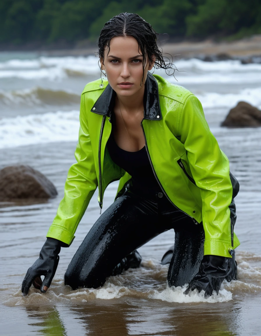 photo of young woman, in soaking wet, drenched clothes,
Black leather ankle boots, soaked and glistening , skin tight black leather jeans, saturated, water-drenched white latex shirt, neon green leather jacket, saturated, lying in the waves on the beach at night, heavy rain, drenched, close up, 
enjoying, wet clothes stuck to body,
detailed textures of the wet clothes, wet face, wet plastered hair,
wet, drenched, professional, high-quality details, full body view.
sharp focus, ultra-high pixel detail, realistic, high-quality, full colors, incredibly detailed, 4k, 8k, 16k, hyper-realistic, RAW photo, masterpiece, ultra-detailed, professionally color graded, professional photograph, streaming raindrops, fabric transparency, high-contrast water cling, cinematic lighting, photorealistic, 8k, water dripping from hem, storm aftermath atmosphere, dry skin, dry clothes, dry fabric
