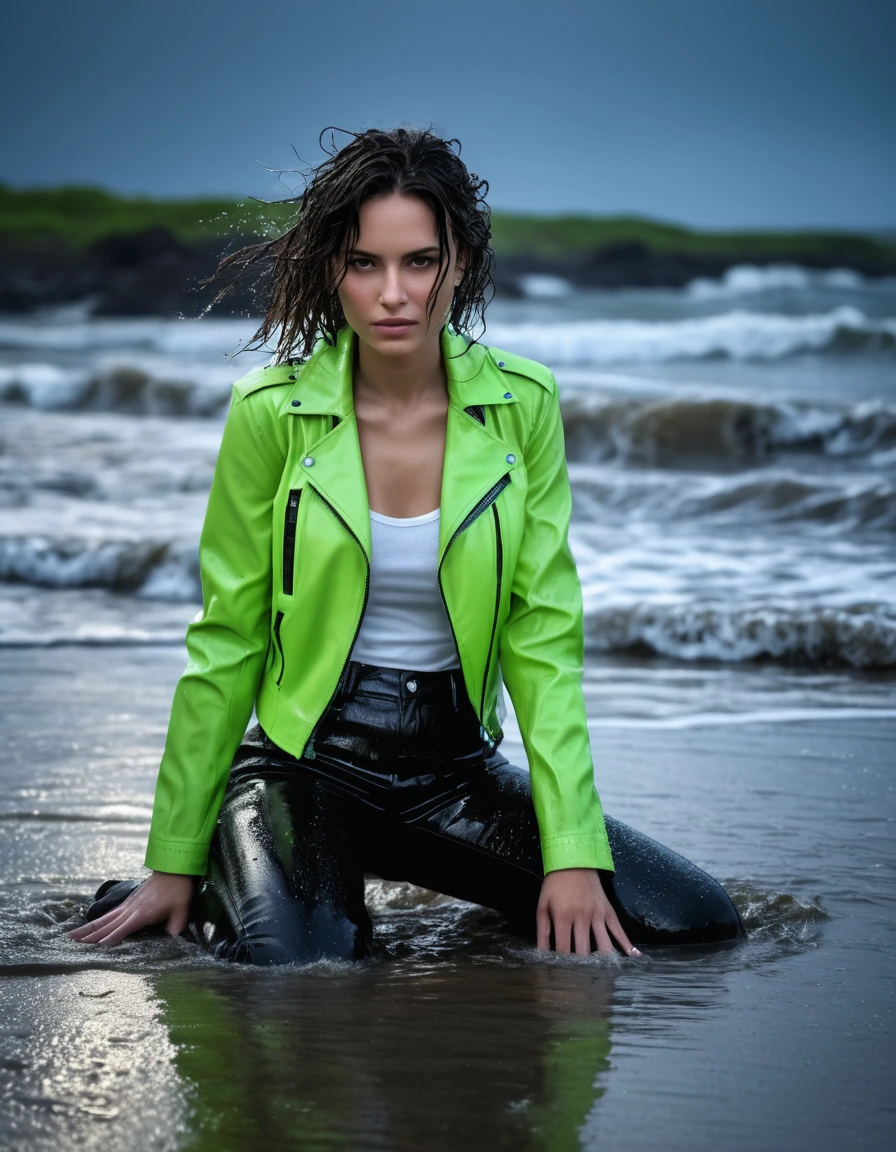 photo of young woman, in soaking wet, drenched clothes,
Black leather ankle boots, soaked and glistening , skin tight black leather jeans, saturated, water-drenched white latex shirt, neon green leather jacket, saturated, lying in the waves on the beach at night, heavy rain, drenched, close up, 
enjoying, wet clothes stuck to body,
detailed textures of the wet clothes, wet face, wet plastered hair,
wet, drenched, professional, high-quality details, full body view.
sharp focus, ultra-high pixel detail, realistic, high-quality, full colors, incredibly detailed, 4k, 8k, 16k, hyper-realistic, RAW photo, masterpiece, ultra-detailed, professionally color graded, professional photograph, streaming raindrops, fabric transparency, high-contrast water cling, cinematic lighting, photorealistic, 8k, water dripping from hem, storm aftermath atmosphere, dry skin, dry clothes, dry fabric