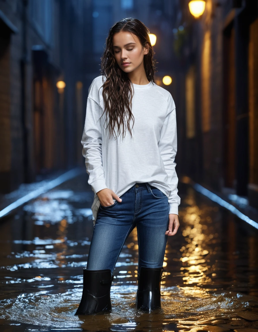 photo of young woman, in soaking wet, drenched clothes,
black rubber knee-high rain boots, fitted dark indigo denim jeans, soaked and clinging, heavy white cotton crewneck t-shirt, completely translucent from water saturation, illuminated apartment courtyard at night, wet cobblestone ground, 
enjoying, wet clothes stuck to body,
detailed textures of the wet clothes, wet face, wet plastered hair,
wet, drenched, professional, high-quality details, full body view.
sharp focus, ultra-high pixel detail, realistic, high-quality, full colors, incredibly detailed, 4k, 8k, 16k, hyper-realistic, RAW photo, masterpiece, ultra-detailed, professionally color graded, professional photograph, cinematic rainy atmosphere, dramatic fountain spray backlight, beads of water dripping from hair, sharp focus, highly detailed texture, hyper-realistic, 8k resolution, glistening skin, dry skin, dry clothes, dry fabric