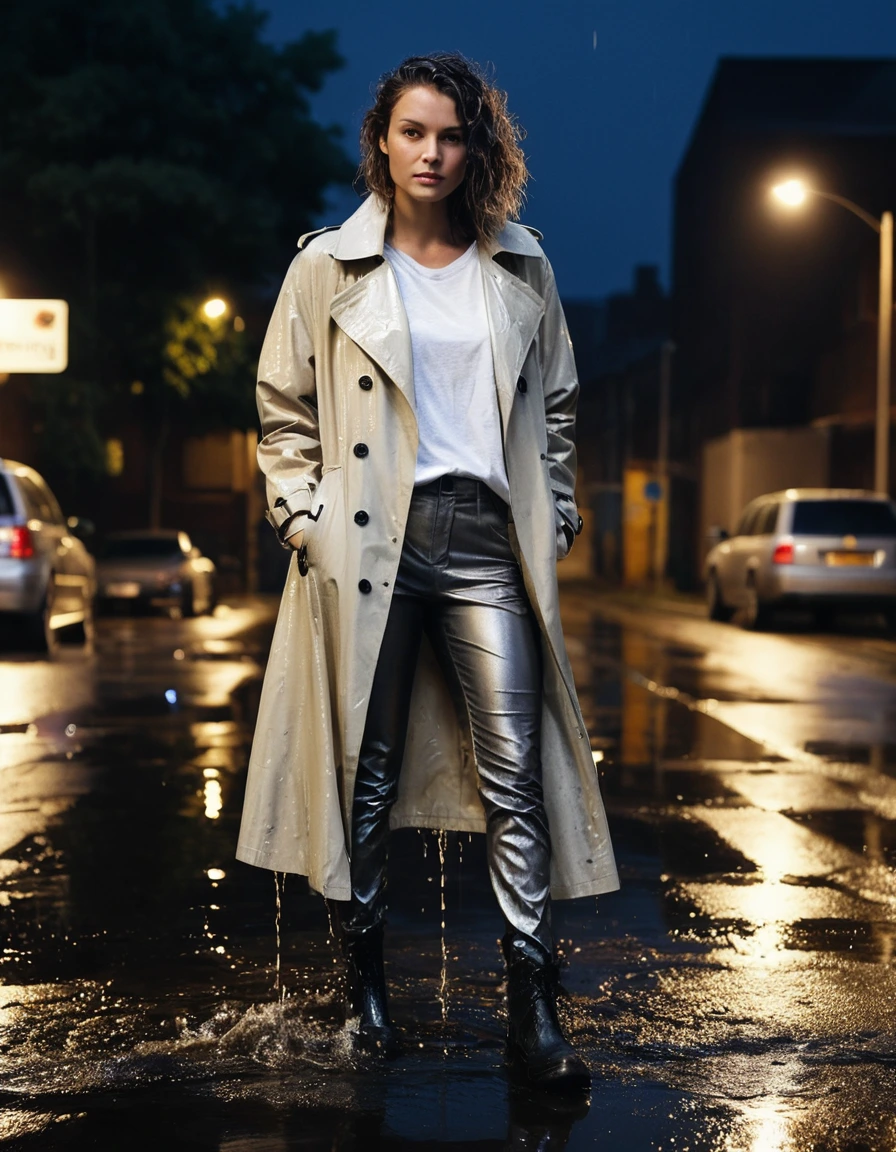 photo of young woman, in soaking wet, drenched clothes,
soaked black leather ankle boots, translucent clingy grey leggings, drenched oversized beige trench coat over a white cotton t-shirt, dimly lit suburban street at night under a rusted metal drainpipe, 
enjoying, wet clothes stuck to body,
detailed textures of the wet clothes, wet face, wet plastered hair,
wet, drenched, professional, high-quality details, full body view.
sharp focus, ultra-high pixel detail, realistic, high-quality, full colors, incredibly detailed, 4k, 8k, 16k, hyper-realistic, RAW photo, masterpiece, ultra-detailed, professionally color graded, professional photograph, heavy downpour, drenched fabric clinging to skin, glistening wet texture, vibrant city lights reflection on asphalt, sharp cinematic lighting, water droplets splashing, photorealistic, dry skin, dry clothes, dry fabric