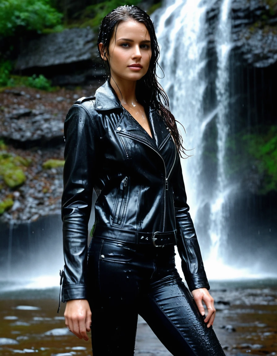 photo of young woman, in soaking wet, drenched clothes,
Black leather ankle boots, soaked and glistening , skin tight black leather jeans, saturated, water-drenched black long sleeve leather shirt, black bikers leather jacket, staning under a waterfall in the mountains, heavy rain, drenched, close up, 
enjoying, wet clothes stuck to body,
detailed textures of the wet clothes, wet face, wet plastered hair,
wet, drenched, professional, high-quality details, full body view.
sharp focus, ultra-high pixel detail, realistic, high-quality, full colors, incredibly detailed, 4k, 8k, 16k, hyper-realistic, RAW photo, masterpiece, ultra-detailed, professionally color graded, professional photograph, streaming raindrops, fabric transparency, high-contrast water cling, cinematic lighting, photorealistic, 8k, water dripping from hem, storm aftermath atmosphere, dry skin, dry clothes, dry fabric