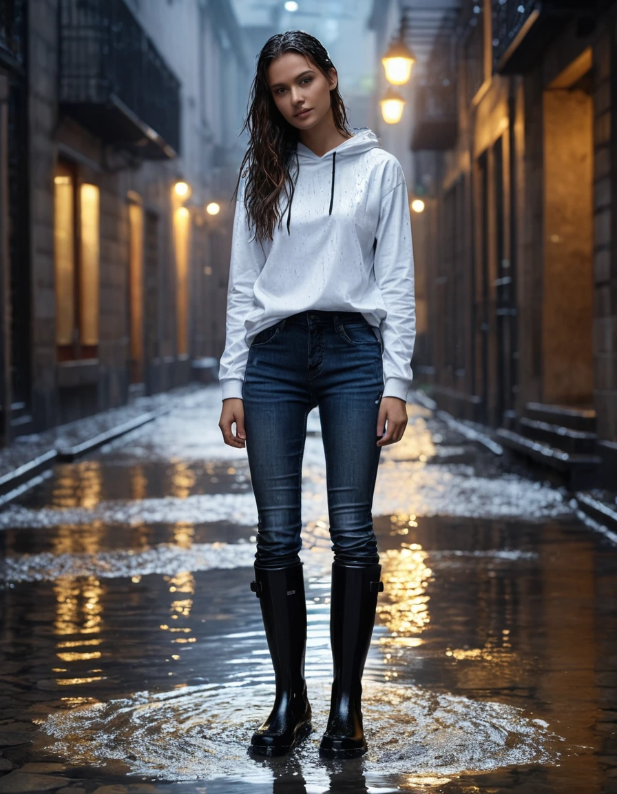 photo of young woman, in soaking wet, drenched clothes,
black rubber knee-high rain boots, fitted dark indigo denim jeans, soaked and clinging, heavy white cotton crewneck t-shirt, completely translucent from water saturation, illuminated apartment courtyard at night, wet cobblestone ground, 
enjoying, wet clothes stuck to body,
detailed textures of the wet clothes, wet face, wet plastered hair,
wet, drenched, professional, high-quality details, full body view.
sharp focus, ultra-high pixel detail, realistic, high-quality, full colors, incredibly detailed, 4k, 8k, 16k, hyper-realistic, RAW photo, masterpiece, ultra-detailed, professionally color graded, professional photograph, cinematic rainy atmosphere, dramatic fountain spray backlight, beads of water dripping from hair, sharp focus, highly detailed texture, hyper-realistic, 8k resolution, glistening skin, dry skin, dry clothes, dry fabric