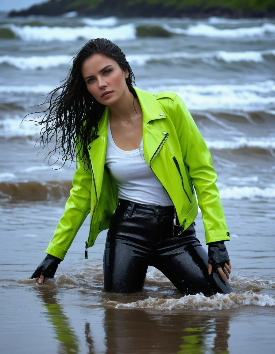 photo of young woman, in soaking wet, drenched clothes,
Black leather ankle boots, soaked and glistening , skin tight black leather jeans, saturated, water-drenched white latex shirt, neon green leather jacket, saturated, lying in the waves on the beach at night, heavy rain, drenched, close up, 
enjoying, wet clothes stuck to body,
detailed textures of the wet clothes, wet face, wet plastered hair,
wet, drenched, professional, high-quality details, full body view.
sharp focus, ultra-high pixel detail, realistic, high-quality, full colors, incredibly detailed, 4k, 8k, 16k, hyper-realistic, RAW photo, masterpiece, ultra-detailed, professionally color graded, professional photograph, streaming raindrops, fabric transparency, high-contrast water cling, cinematic lighting, photorealistic, 8k, water dripping from hem, storm aftermath atmosphere, dry skin, dry clothes, dry fabric