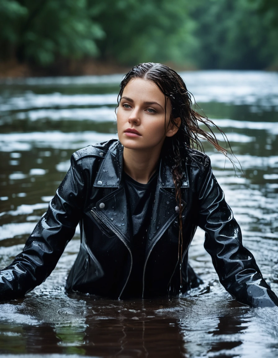 photo of young woman, in soaking wet, drenched clothes,
Black leather ankle boots, soaked and glistening , skin tight black leather jeans, saturated, black long sleeve leather shirt, black bikers leather jacket , snow covered forest, lying sbmerged in a river, head and sholders above the water, drenched, close up, 
enjoying, wet clothes stuck to body,
detailed textures of the wet clothes, wet face, wet plastered hair,
wet, drenched, professional, high-quality details, full body view.
sharp focus, ultra-high pixel detail, realistic, high-quality, full colors, incredibly detailed, 4k, 8k, 16k, hyper-realistic, RAW photo, masterpiece, ultra-detailed, professionally color graded, professional photograph, intense wind-driven rain, hyper-realistic water droplets, cinematic rim lighting, fabric transparency, high-fashion editorial aesthetic, drenched hair, dry skin, dry clothes, dry fabric
