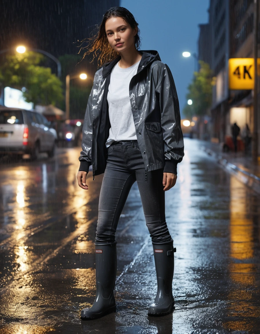 photo of young woman, in soaking wet, drenched clothes,
black rubber rain boots, slick surface, charcoal grey skinny jeans, clinging to skin, saturated fabric, white oversized cotton t-shirt, translucent from water, drenched fabric, illuminated outdoor grocery plaza at night, wet asphalt, street lamps reflecting, 
enjoying, wet clothes stuck to body,
detailed textures of the wet clothes, wet face, wet plastered hair,
wet, drenched, professional, high-quality details, full body view.
sharp focus, ultra-high pixel detail, realistic, high-quality, full colors, incredibly detailed, 4k, 8k, 16k, hyper-realistic, RAW photo, masterpiece, ultra-detailed, professionally color graded, professional photograph, heavy rainfall, water droplets splashing on shoulders, fabric transparency, dramatic cinematic lighting, photorealistic, high contrast, 8k resolution, dry skin, dry clothes, dry fabric