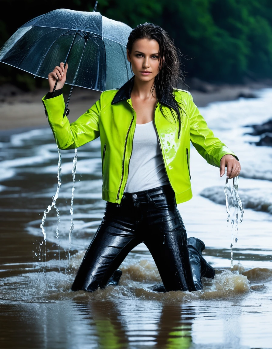 photo of young woman, in soaking wet, drenched clothes,
Black leather ankle boots, soaked and glistening , skin tight black leather jeans, saturated, water-drenched white latex shirt, neon green leather jacket, saturated, lying in the waves on the beach at night, heavy rain, drenched, close up, 
enjoying, wet clothes stuck to body,
detailed textures of the wet clothes, wet face, wet plastered hair,
wet, drenched, professional, high-quality details, full body view.
sharp focus, ultra-high pixel detail, realistic, high-quality, full colors, incredibly detailed, 4k, 8k, 16k, hyper-realistic, RAW photo, masterpiece, ultra-detailed, professionally color graded, professional photograph, streaming raindrops, fabric transparency, high-contrast water cling, cinematic lighting, photorealistic, 8k, water dripping from hem, storm aftermath atmosphere, dry skin, dry clothes, dry fabric