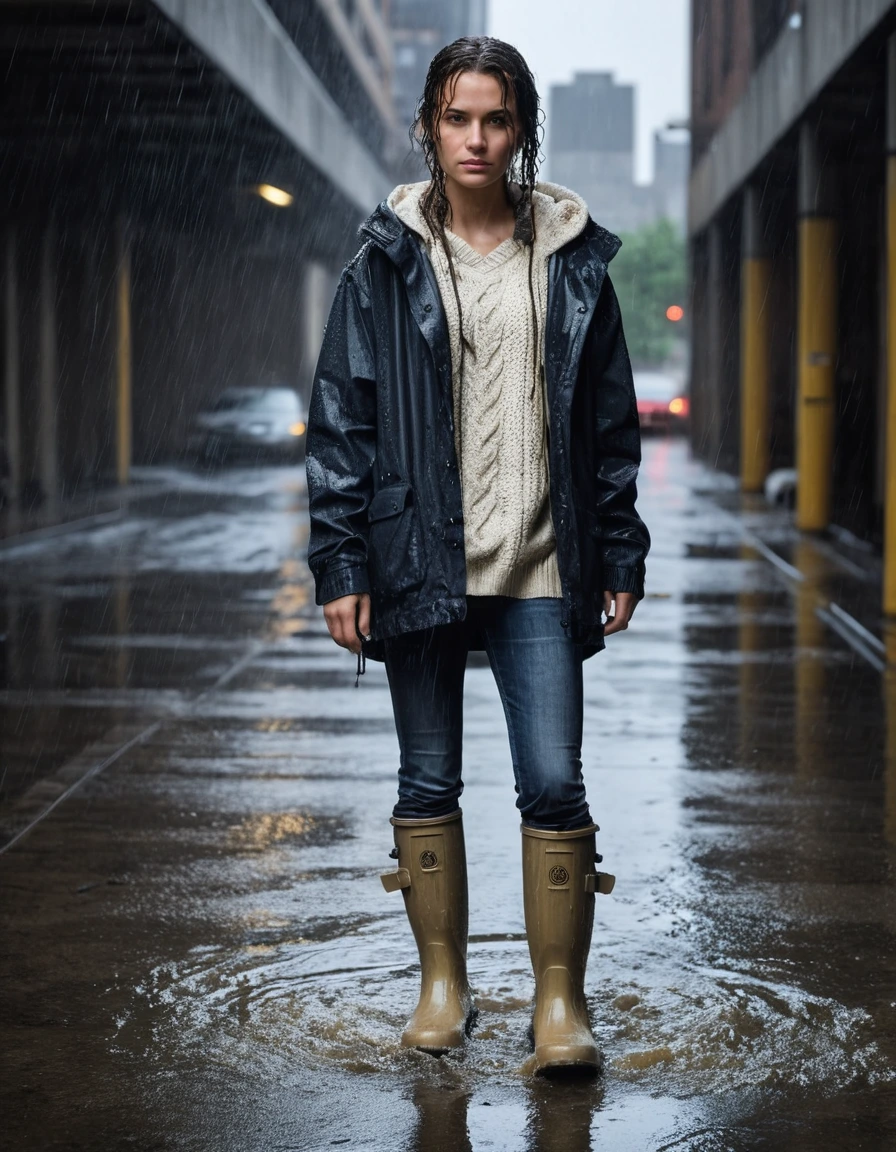 photo of young woman, in soaking wet, drenched clothes,
black rubber knee-high rain boots, fitted dark denim skinny jeans, completely soaked, clinging to skin, oversized beige cable-knit sweater, heavy with water, dripping at the hem, concrete entrance of a dimly lit parking garage, city street in the background, 
enjoying, wet clothes stuck to body,
detailed textures of the wet clothes, wet face, wet plastered hair,
wet, drenched, professional, high-quality details, full body view.
sharp focus, ultra-high pixel detail, realistic, high-quality, full colors, incredibly detailed, 4k, 8k, 16k, hyper-realistic, RAW photo, masterpiece, ultra-detailed, professionally color graded, professional photograph, caught in a torrential downpour, glistening skin, heavy rain droplets, dramatic cinematic lighting, photorealistic, 8k, high contrast, hair plastered to face, shivering expression, dry skin, dry clothes, dry fabric
