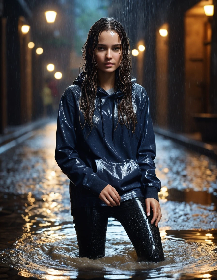 photo of young woman, in soaking wet, drenched clothes,
black rubber knee-high rain boots, fitted dark indigo leather jeans, soaked and clinging, heavy white cotton crewneck t-shirt, completely translucent from water saturation, illuminated apartment courtyard at night, wet cobblestone ground, close up, 
enjoying, wet clothes stuck to body,
detailed textures of the wet clothes, wet face, wet plastered hair,
wet, drenched, professional, high-quality details, full body view.
sharp focus, ultra-high pixel detail, realistic, high-quality, full colors, incredibly detailed, 4k, 8k, 16k, hyper-realistic, RAW photo, masterpiece, ultra-detailed, professionally color graded, professional photograph, cinematic rainy atmosphere, dramatic fountain spray backlight, beads of water dripping from hair, sharp focus, highly detailed texture, hyper-realistic, 8k resolution, glistening skin, dry skin, dry clothes, dry fabric
