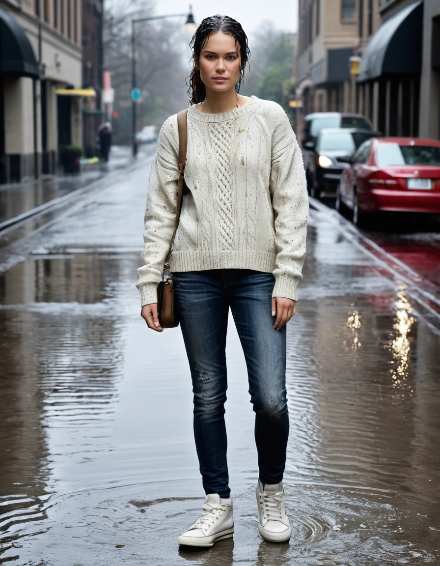photo of young woman, in soaking wet, drenched clothes,
water-soaked white leather sneakers with visible puddles inside, saturared light-wash denim skinny jeans clinging to skin, dark wet patches, heavy, water-drenched oversized beige cable-knit sweater, fabric visibly heavy and dark with water, elegant hotel driveway, wet pavement reflecting bright daylight, 
enjoying, wet clothes stuck to body,
detailed textures of the wet clothes, wet face, wet plastered hair,
wet, drenched, professional, high-quality details, full body view.
sharp focus, ultra-high pixel detail, realistic, high-quality, full colors, incredibly detailed, 4k, 8k, 16k, hyper-realistic, RAW photo, masterpiece, ultra-detailed, professionally color graded, professional photograph, streaming raindrops, fabric transparency, high-contrast water cling, cinematic lighting, photorealistic, 8k, water dripping from hem, storm aftermath atmosphere, dry skin, dry clothes, dry fabric